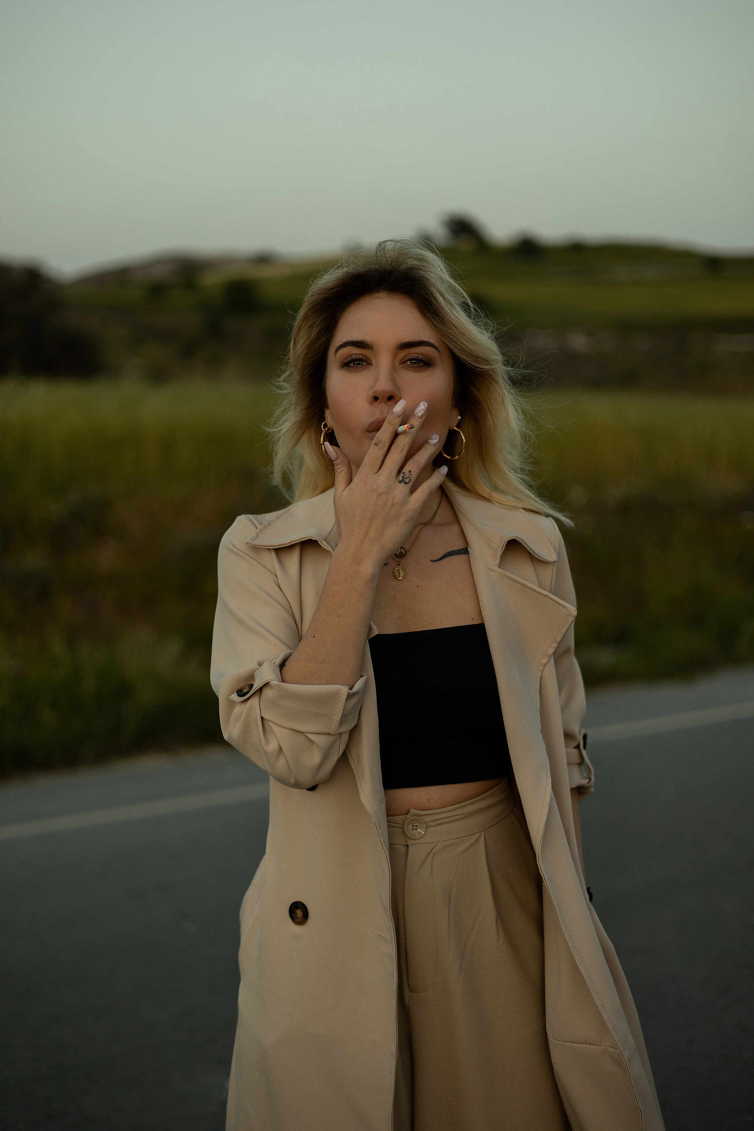 Cinematic Road Portraits — Woman in Trench Coat at Sunset. Kristina Kozheltsova- Soulful Portrait&Lifestyle&Love Story Photographer in Leipzig, Germany