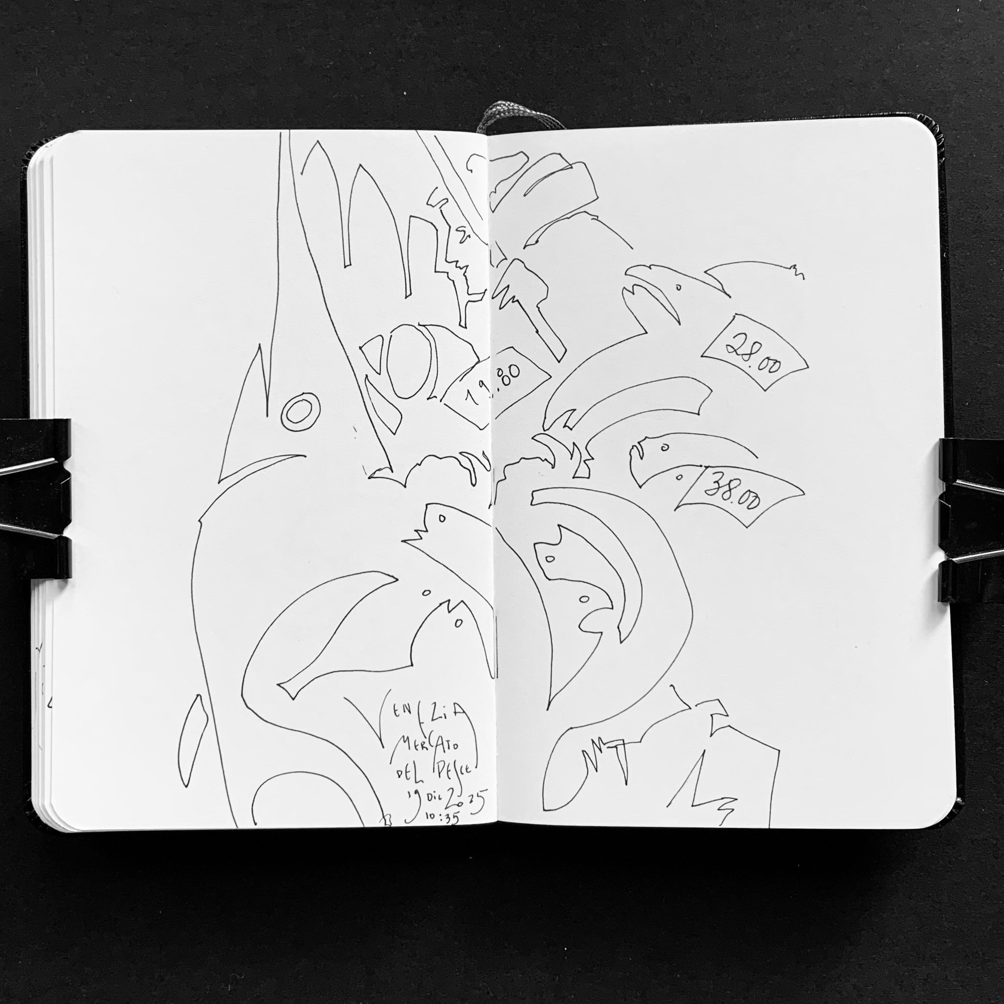 Moleskine notebook with original drawings made in Venice, works on paper developed as part of an artist’s editorial project. Linear drawing of a fish market.