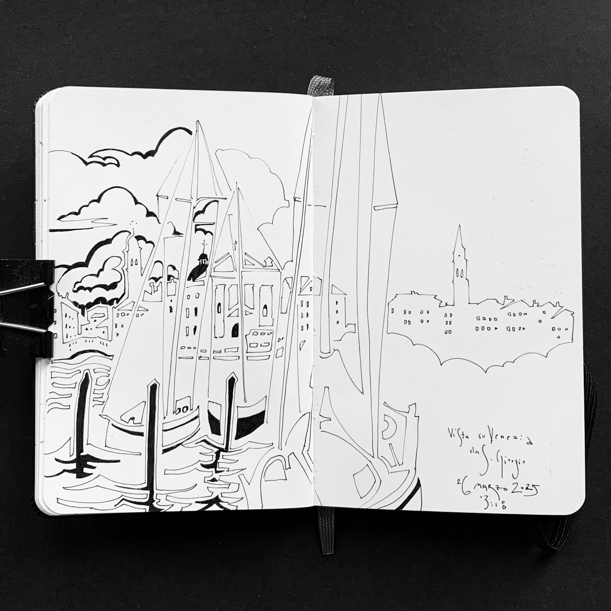 Moleskine notebook with original hand-drawn works on paper created in Venice, part of Nadia Kuprina’s contemporary drawing practice. Boats in the sun with Venice view.