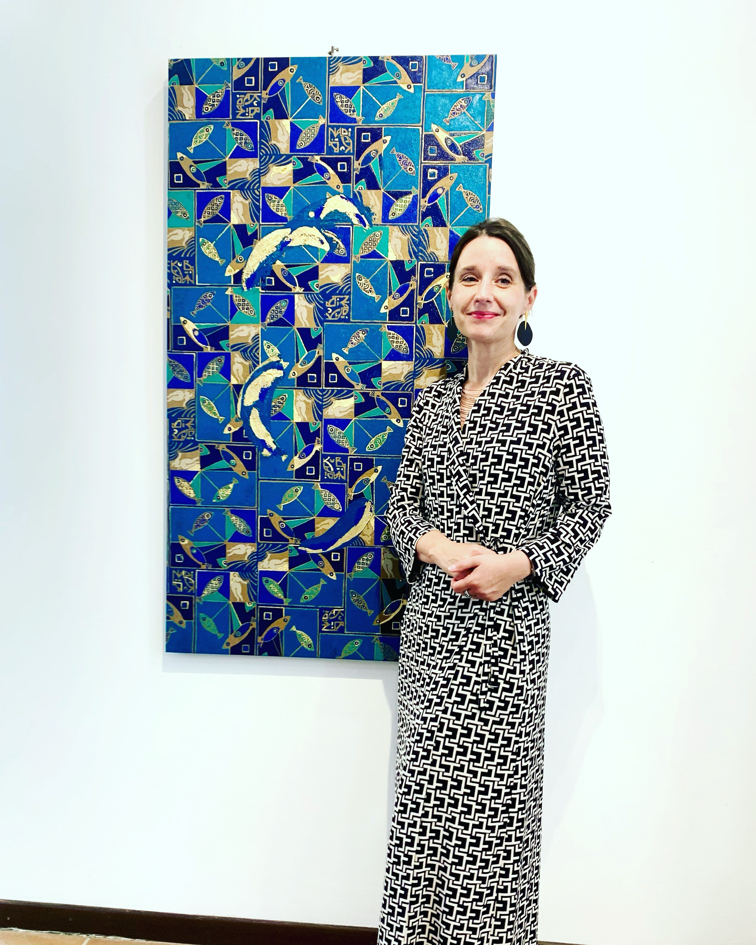 «Fish O ‘Clock» Tecnica mista, stampa su tela, ricamo su tela, olio su tela 70×130 cm. Nadia Kuprina. Artist