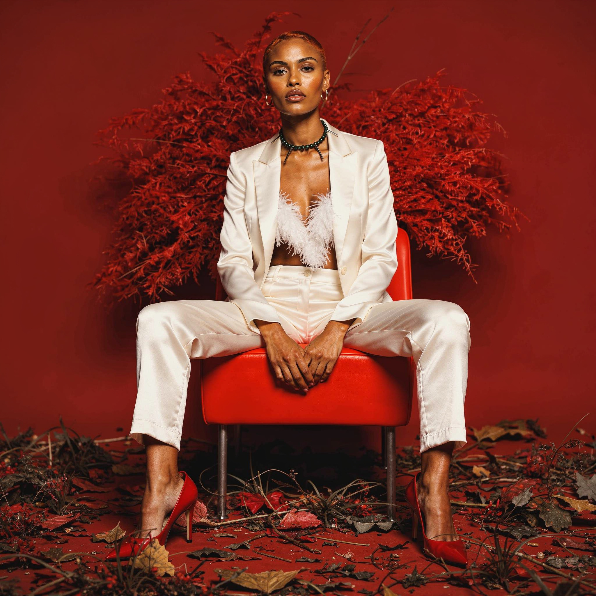 female model in white suit sitting on stool on red background, red heels, studio fashion photography