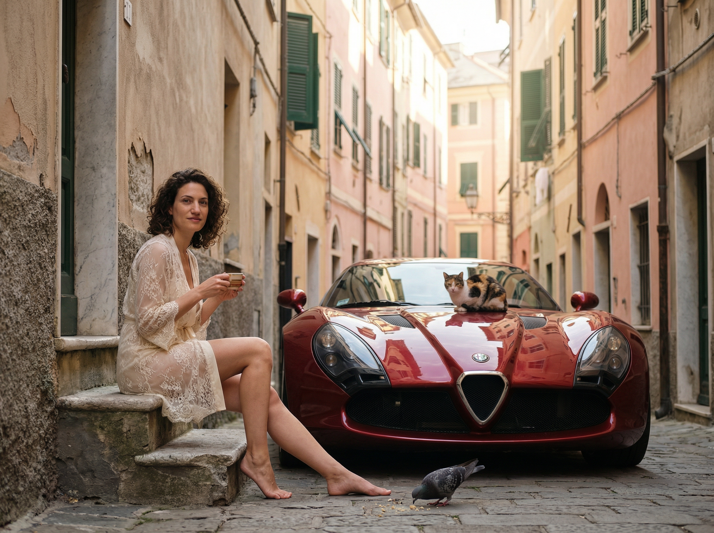 woman drinking coffee on stone steps beside red sports car on narrow street in Genoa with cat on hood and pigeon on cobblestones, ultra realistic cinematic morning photography