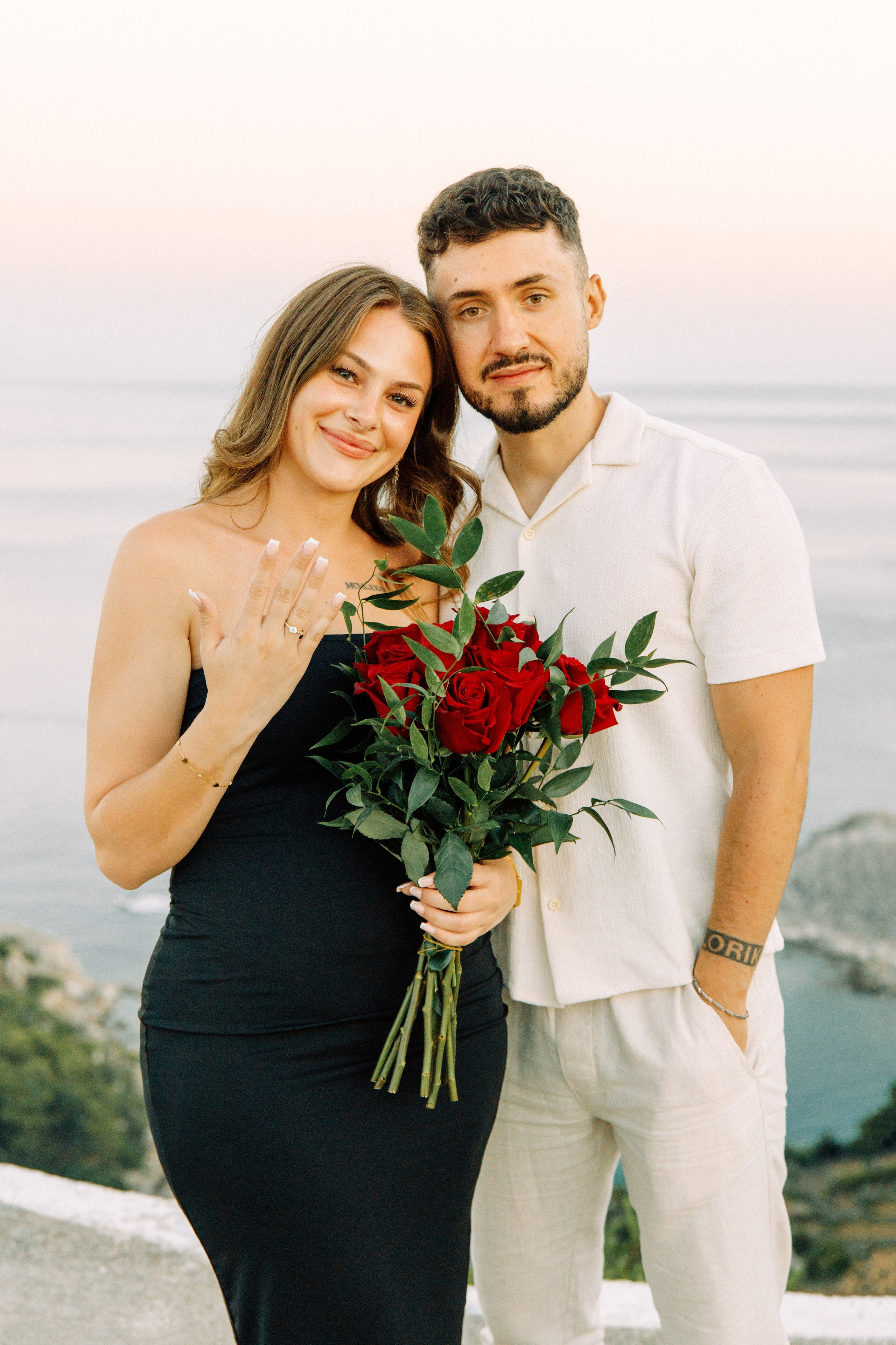 Engagement in Rhodes 💍 photoshoot of an engaged couple at Profitis Ilias near Faliraki with sea view in Greece.