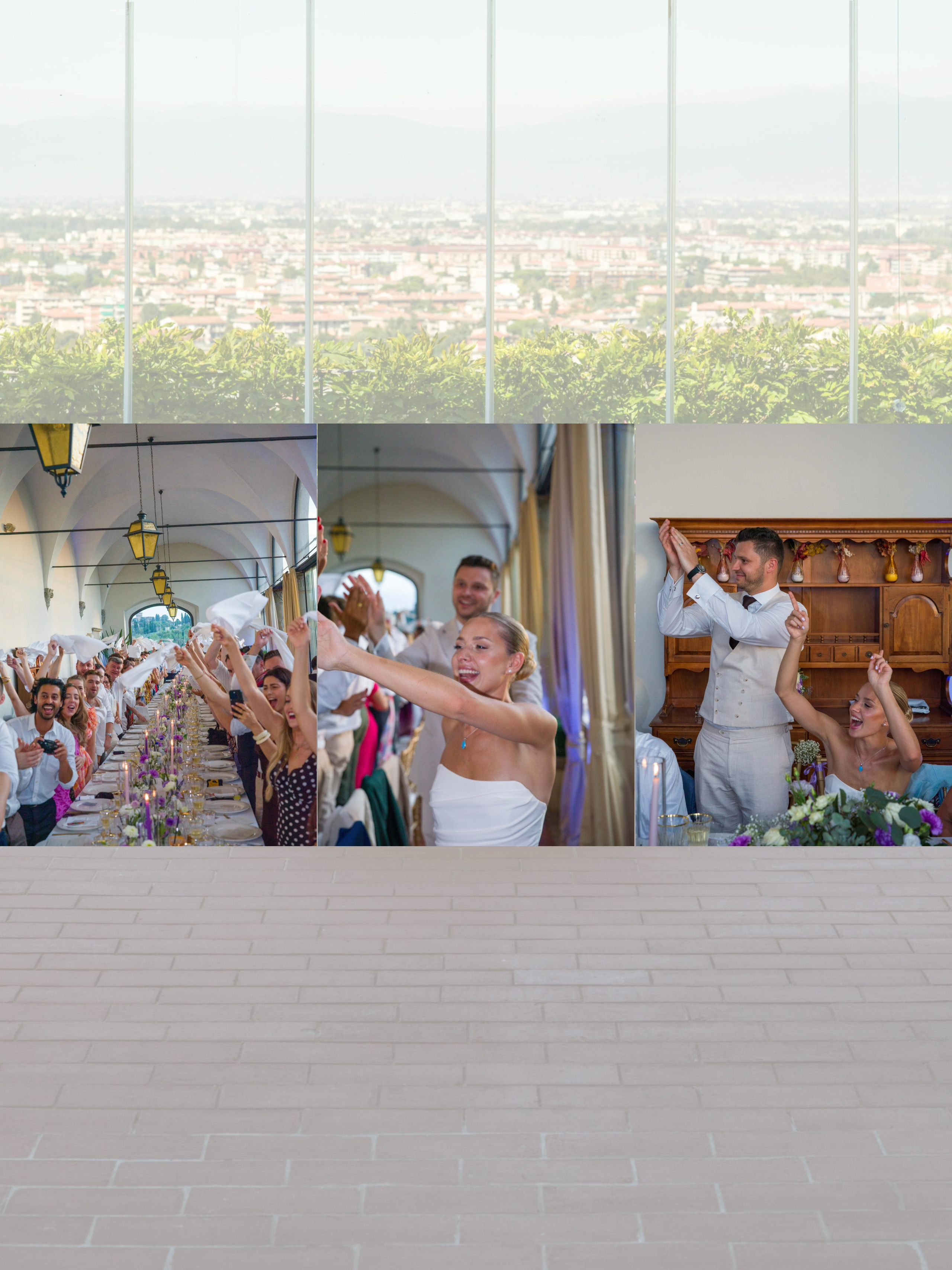 Emotional wedding reception moment with guests in Tuscany
