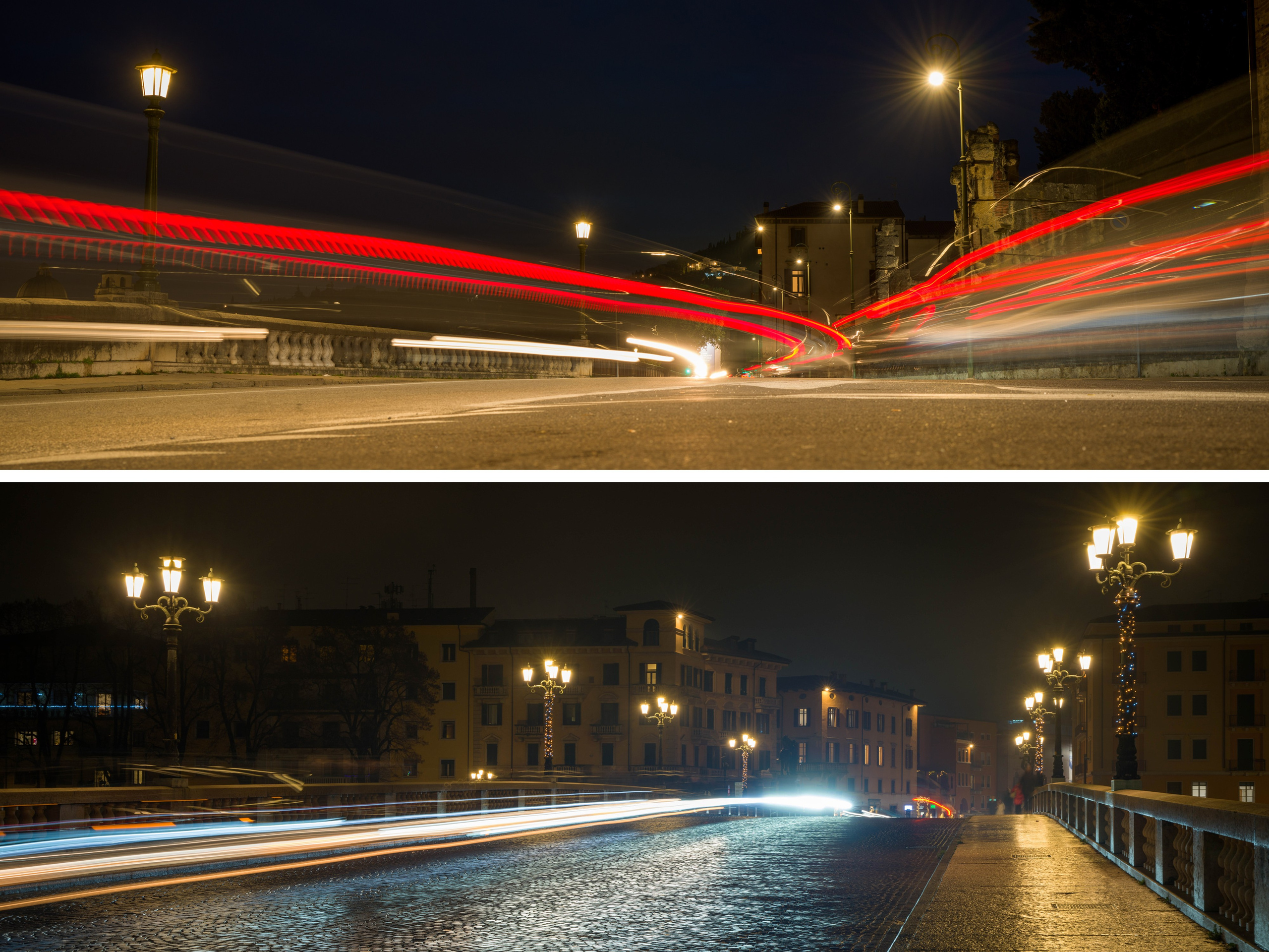 Red and white light trails on bridge in Verona at night captured with long exposure