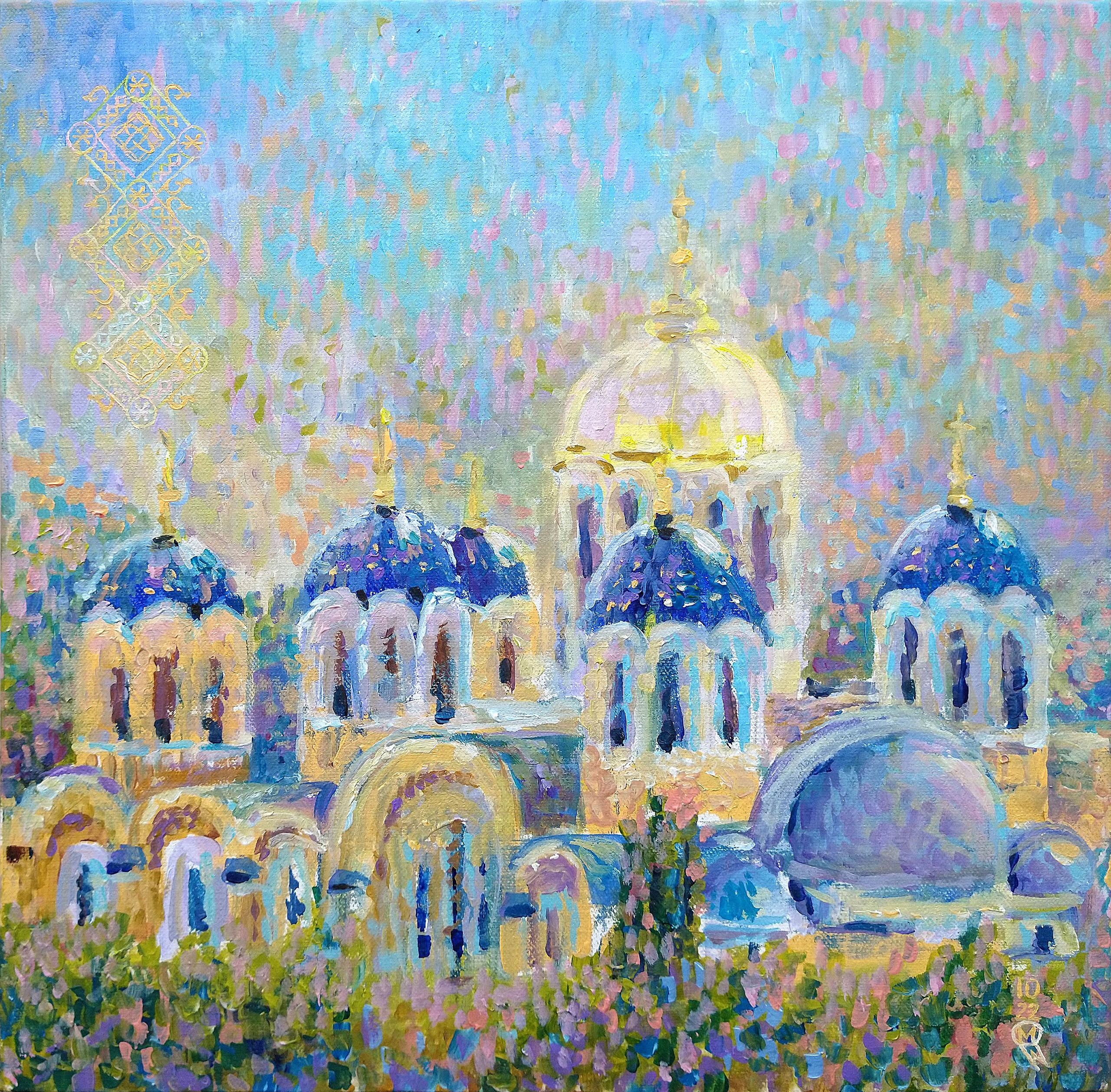 Kyiv’s St Volodymyr’s Cathedral      Acrylic on canvas.    16×16 in     SOLD     Neighbouring building to my work office in the centre of Kyiv. Like today…running to work from metro station ‘University’ and enjoying the beauty of this grand and stunning cathedral. During lunch time I could come and stand there, breathing in the burning incense leftovers in the air and having the oppurtunity to take a moment to gather my thoughts.   The pattern in the left top corner is Kievan Rus pattern from 13th century.