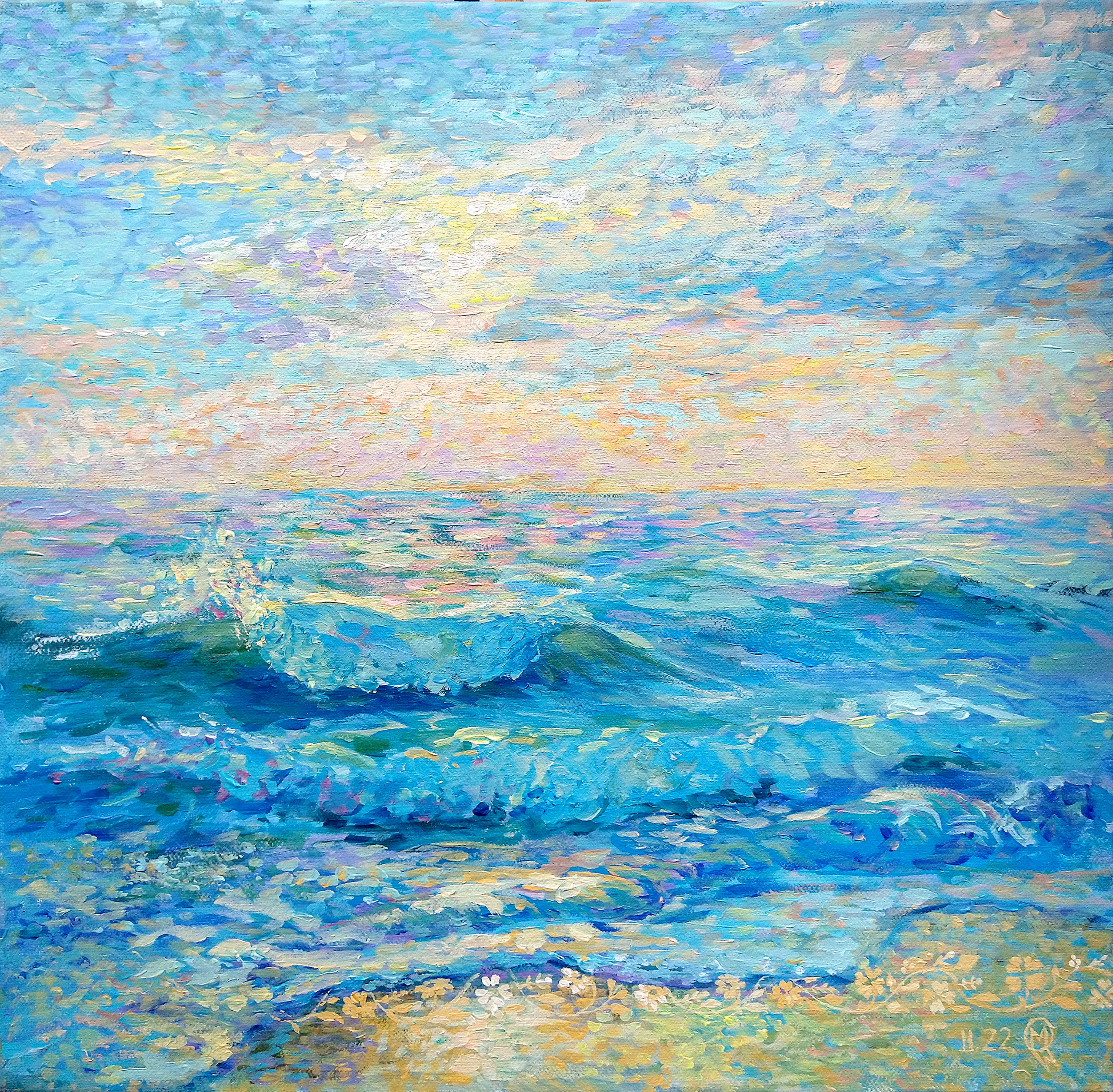 Azov Sea     Acrylic on canvas.      16×16 in      SOLD   My warm, beautiful, gentle and always welcoming friend. I grew up in a small town on the Azov sea. There are millions of memories… First memories are the early brunch picnics on a big blanket with my mum and sister, enjoying new potatoes, dill and butter in a glass jar and a fresh hot corn on a hob with salt. The last memory is from a trip 3 years ago when we had a sunset BBQ on the beach with lots of friends and especially mosquoitoes!The pattern at the bottom of the painting is traditional south-eastern pattern with flowers.    
