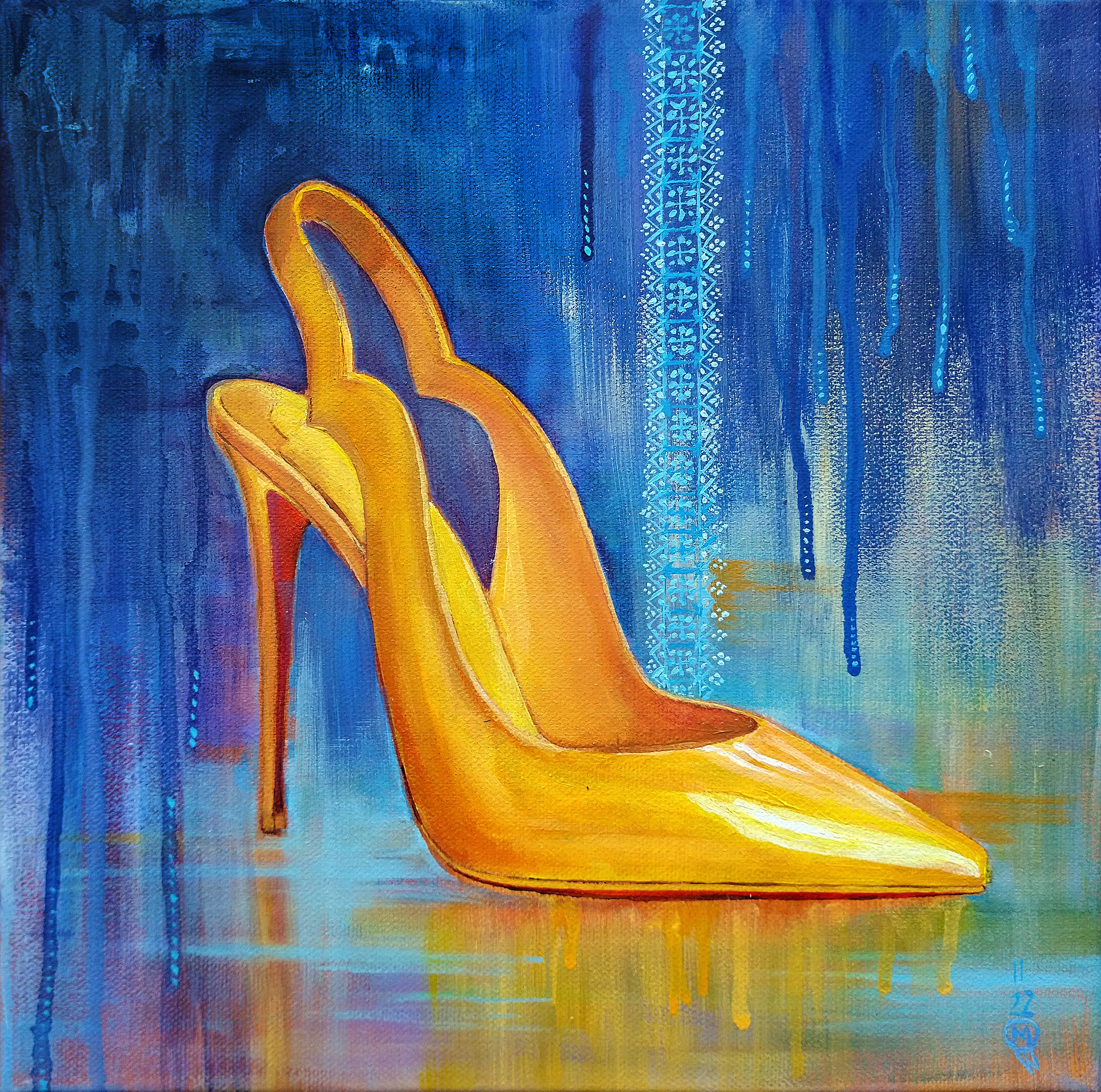 Ukrainian Cinderella    Acrylic on canvas. 12×12 in I always remember myself working, during university times teaching at school in the afternoons, summer jobs at the spa resort, working till late in Kyiv but never forgetting to look beautiful. Gym and classes, swimming and jogging were my normal routine. Wearing high heels to work on the subway in Kyiv with lots of escalators was a challenge. Such a shame they were so pricy and took my whole months salary! The pattern above the shoe is common Ukrainian pattern used in folk clothes.     £350 - all profits go to Ukraine