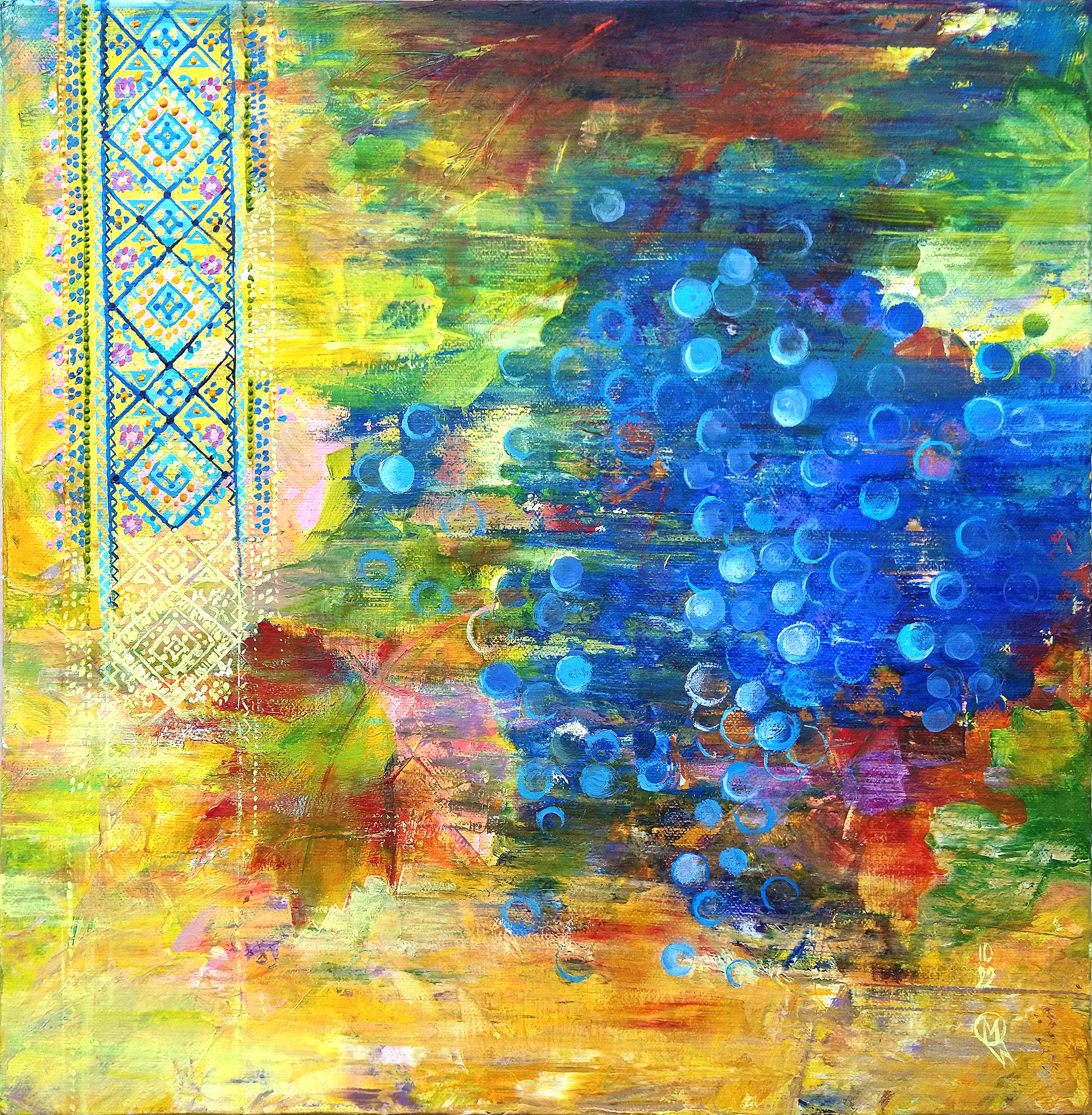 Grandma’s grapes     Acrylic on canvas.     16×16 in    SOLD My hometown of Berdyansk, the city I love with all my heart. My grandma’s garden with sweet ‘Izabella’ grapes hanging over and giving the shade in summer and wine in winter. First thing while visiting my grandma, I would have ‘Izabella’ grapes, but only inside! I would leave skin and seeds out, but ‘Berezka’ (Golden Chasselas), I loved it so much I couldn’t stop eating and would get sick at night after overeating it…The pattern on the left is traditional for Zaporizhzhia Region.      