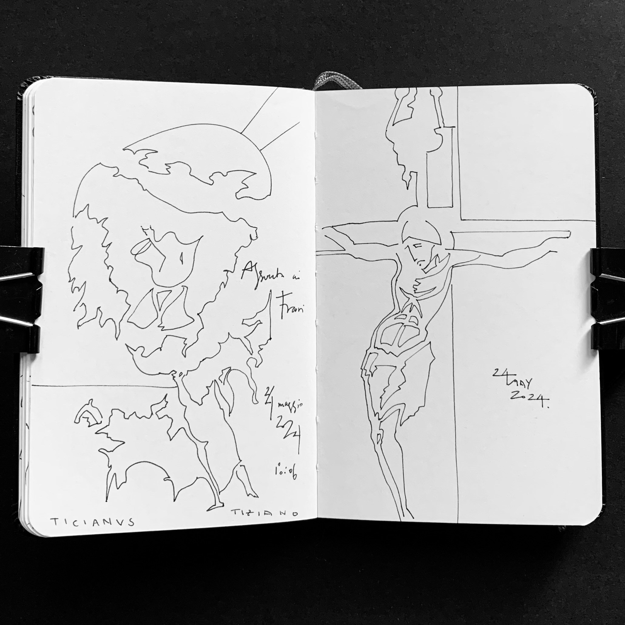 Moleskine notebook with hand-drawn sketches made in Venice, showcasing Nadia Kuprina’s exploration of drawing and the tactile experience of a personal sketchbook. Christianity.