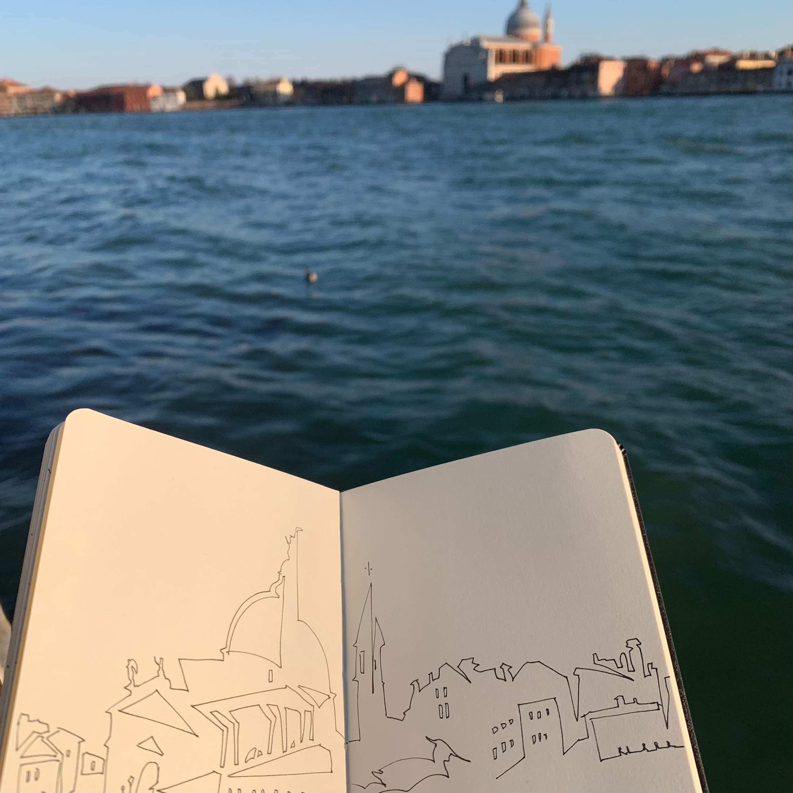 Moleskine notebook with hand-drawn sketches made in Venice, showcasing Nadia Kuprina’s exploration of drawing and the tactile experience of a personal sketchbook