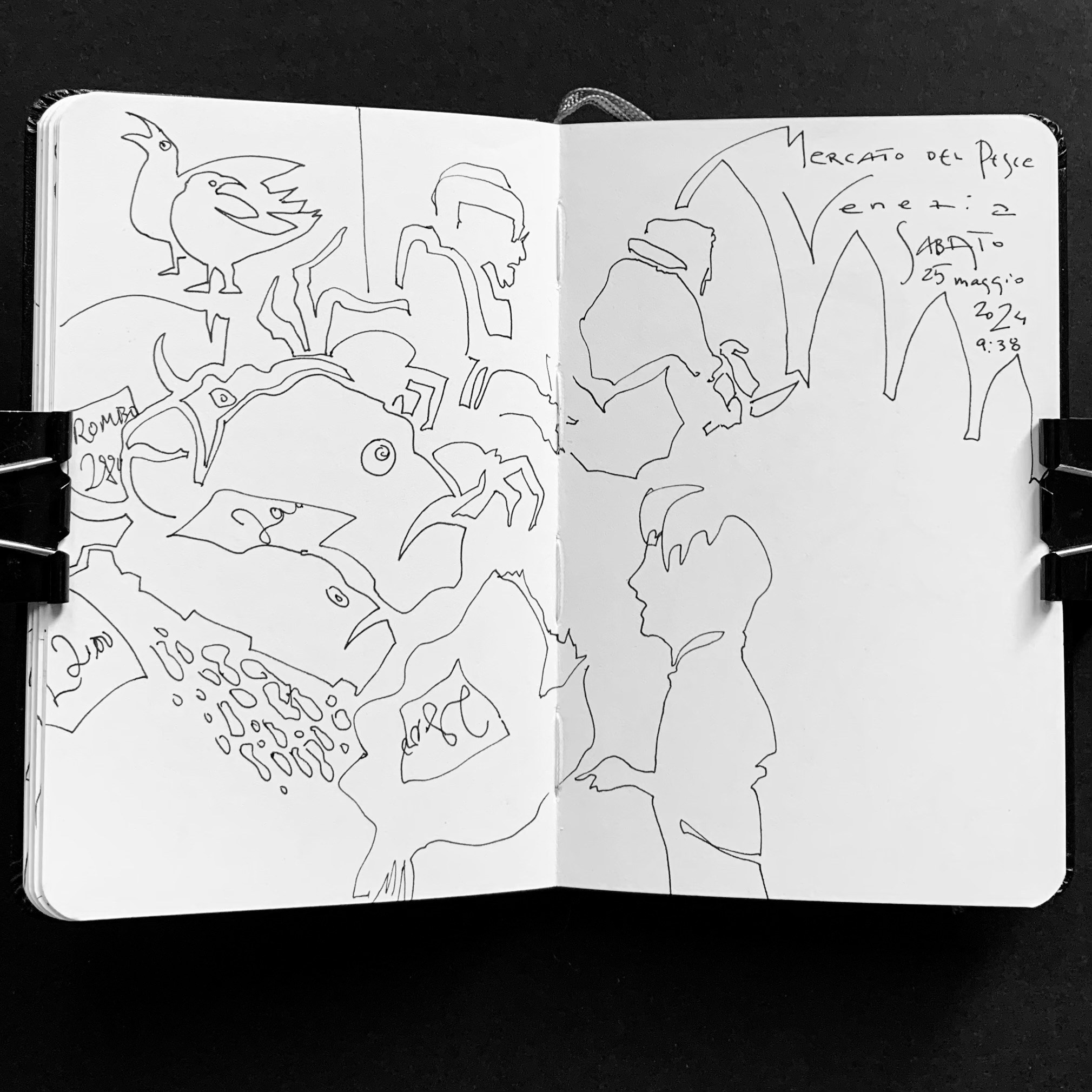 Moleskine notebook with original drawings made in Venice, works on paper developed as part of an artist’s editorial project. A spontaneous pen drawing of a boy on a fish market.