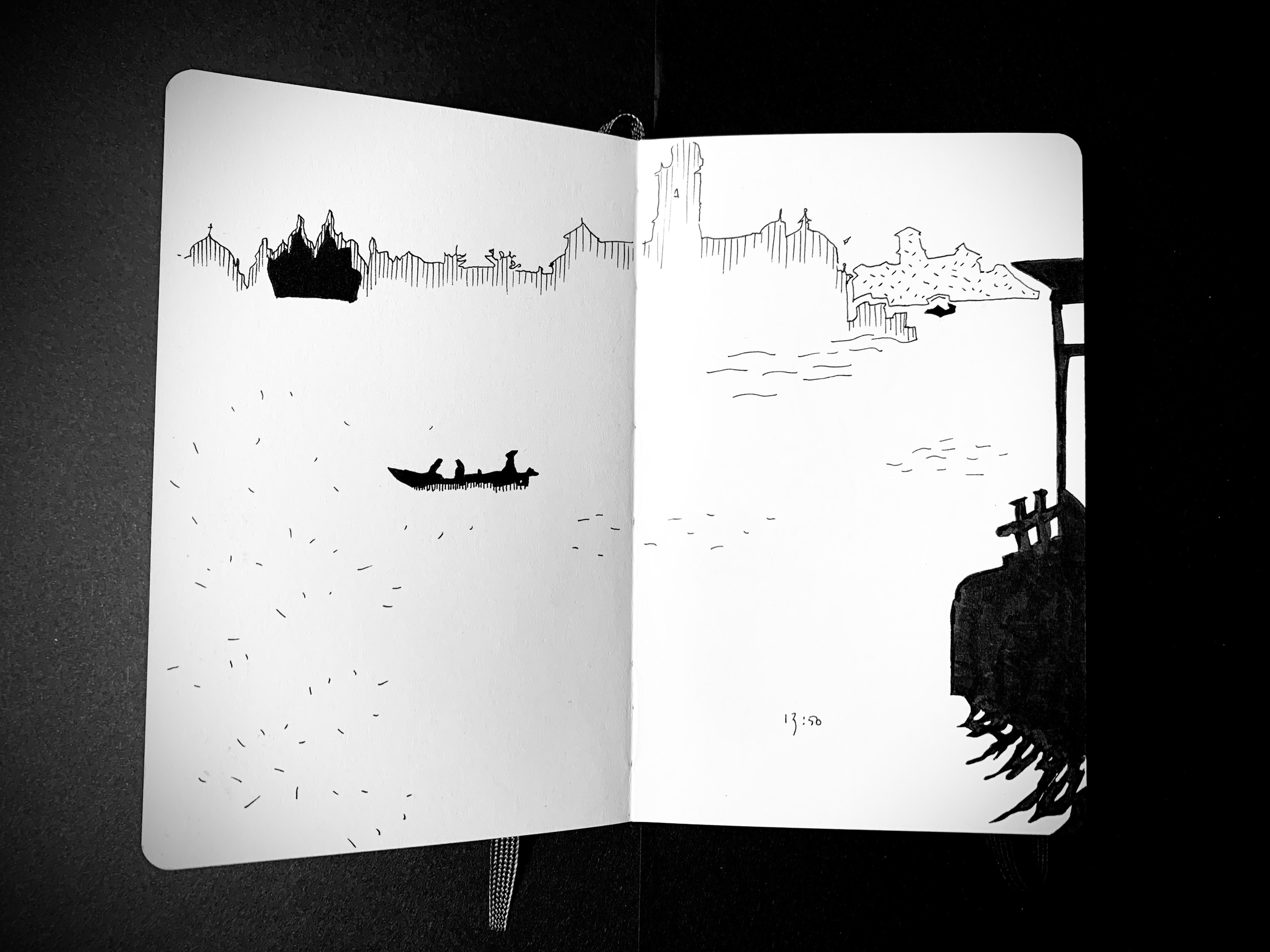 Moleskine notebook with original drawings made in Venice, works on paper by Nadia Kuprina, contemporary artist living and working in Venice. A view on San Giorgio Maggiore.