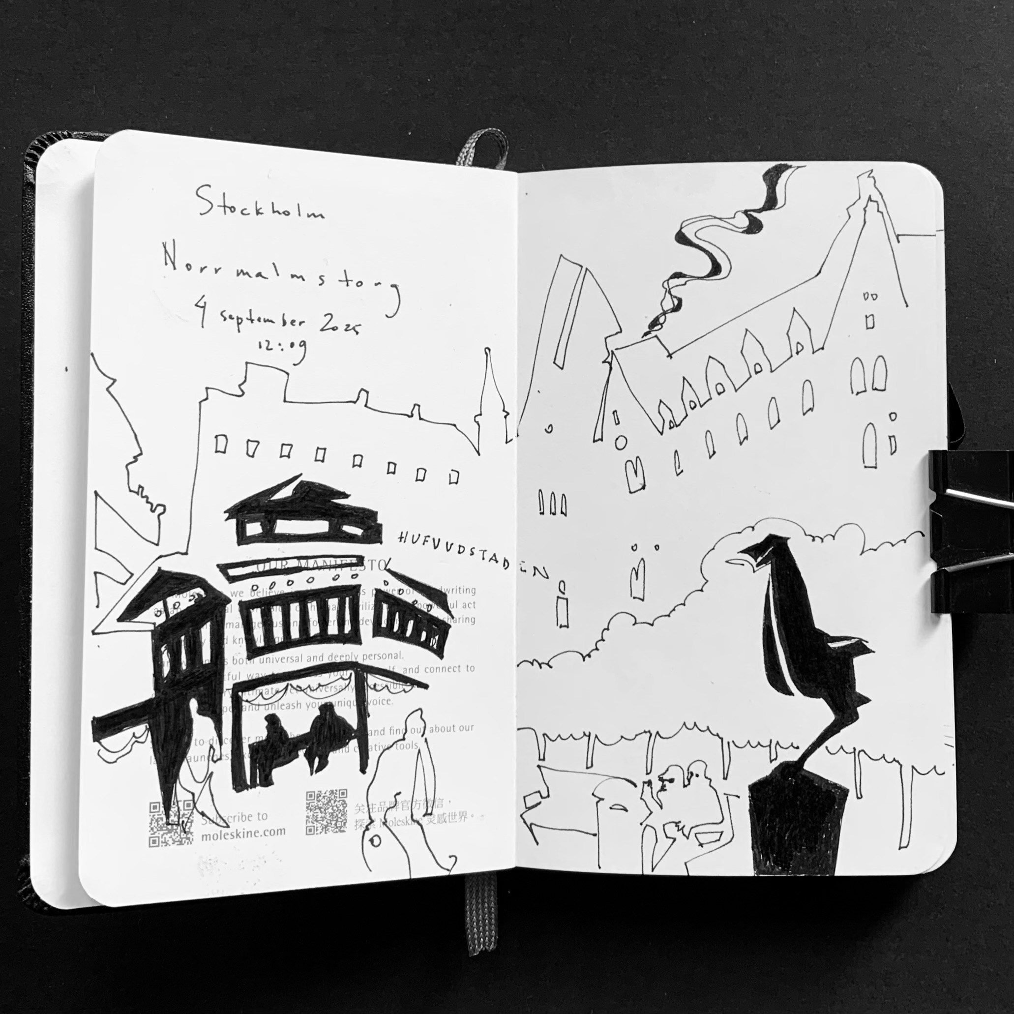 Illustrazioni in bianco e nero realizzate su taccuino Moleskine a Stoccolma, esempio di uno stile disegnato riconoscibile e di una pratica professionale consolidata di Nadia Kuprina.