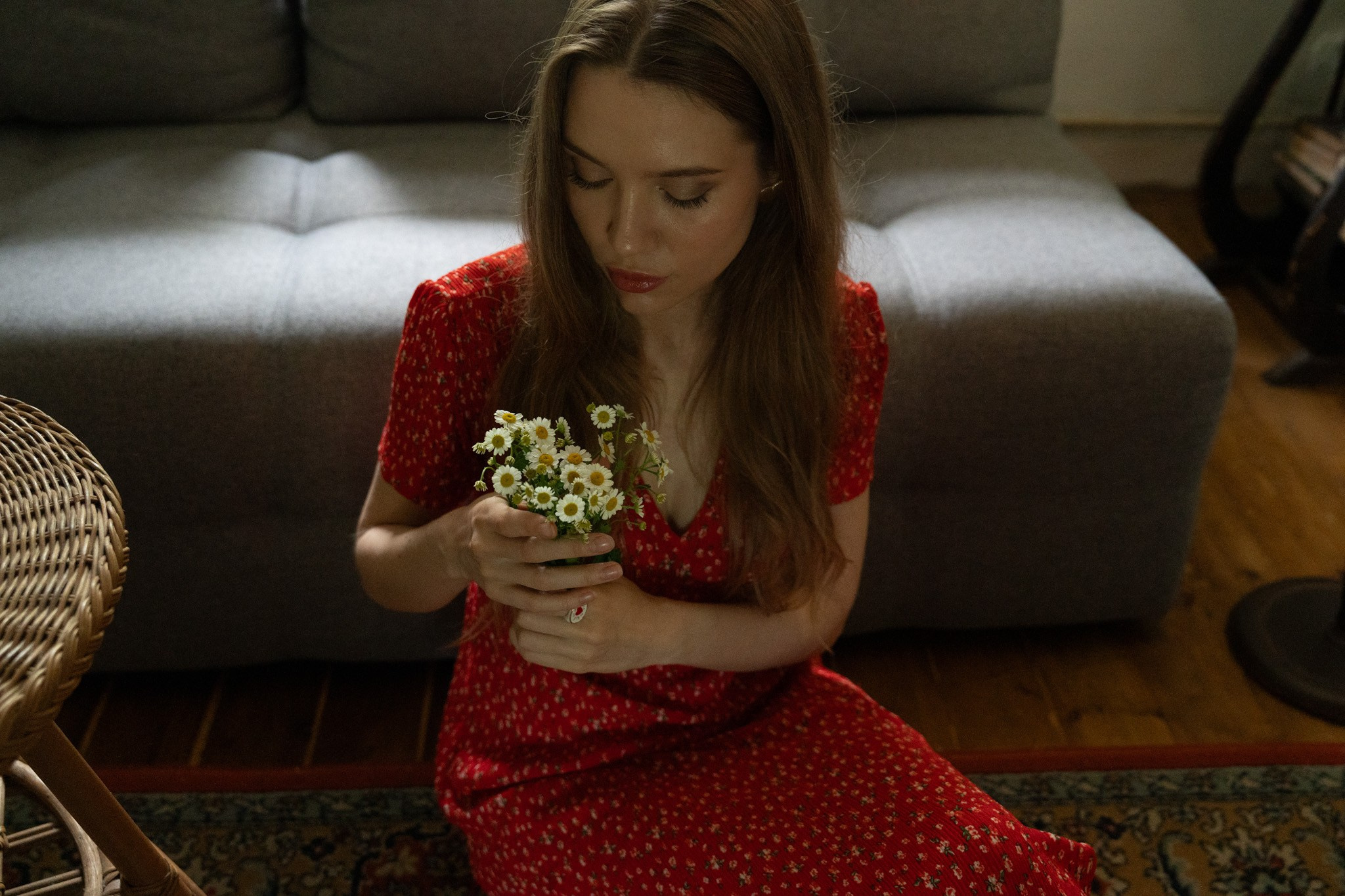 Cinematic creative portrait of a woman in a red dress, Derbyshire