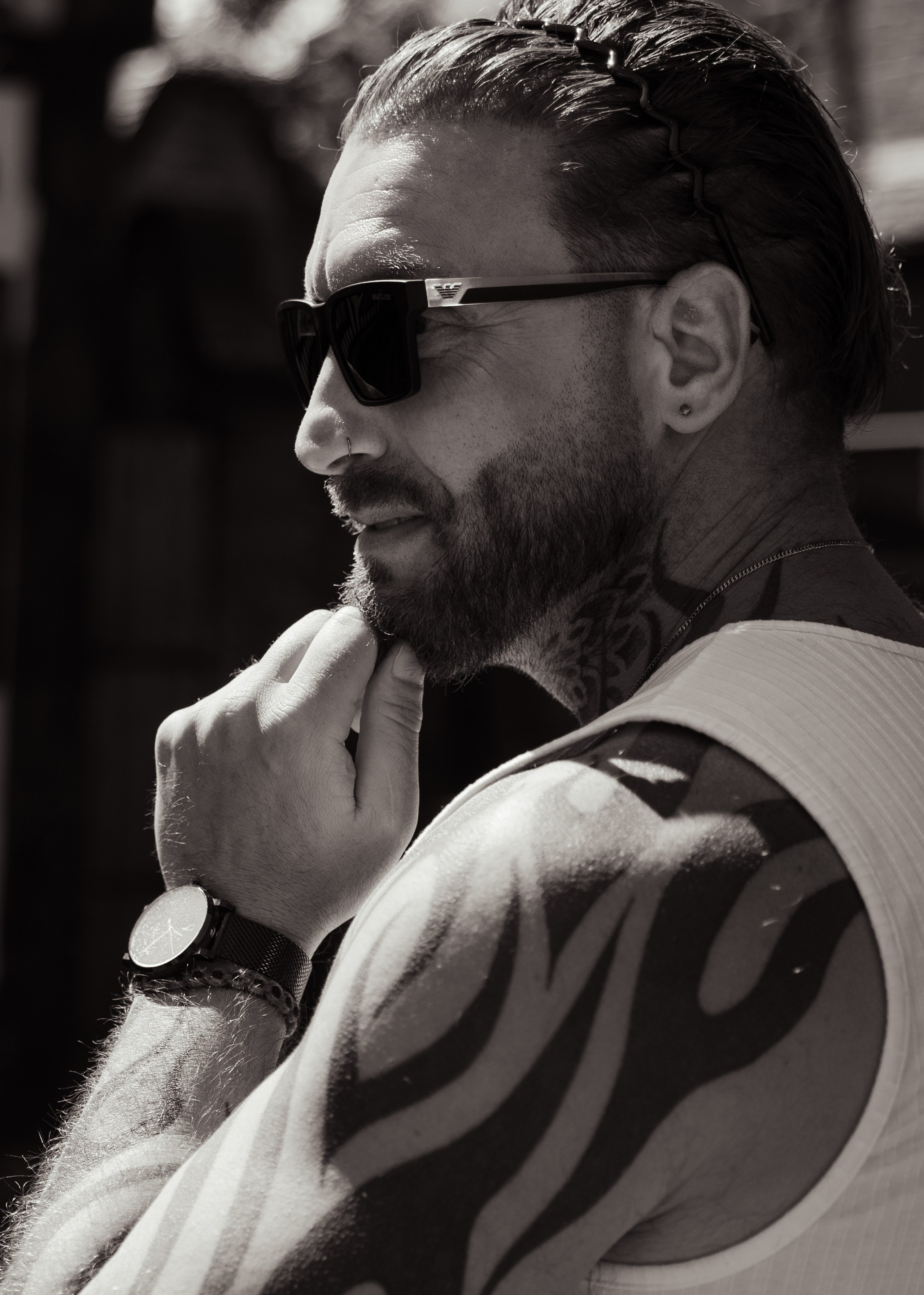 Black and white male portrait with sunglasses, Derby portrait photography