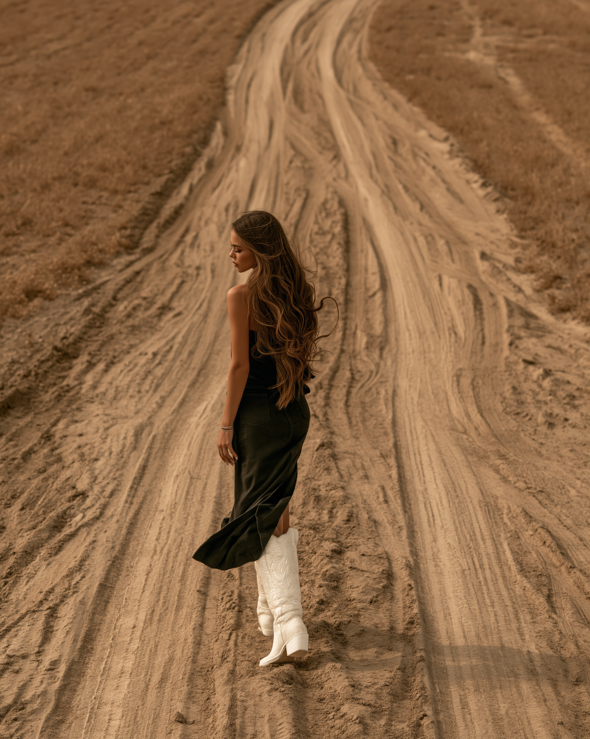 A moody, outdoor editorial portrait of a young woman with long, wavy light brown hair blowing in the wind. She is standing on a dusty rural dirt road with a dark, overcast sky and blurred landscape behind her. She wears a black sleeveless wrap top with an asymmetrical hem, a black denim skirt with a high side slit, a brown leather belt, and striking white cowboy boots with elaborate tan stitching. Her arms are crossed with one hand resting near her thigh, and she looks slightly upward and to the side with a calm, confident expression. The color grading is desaturated and warm, giving the image a cinematic, weathered feel