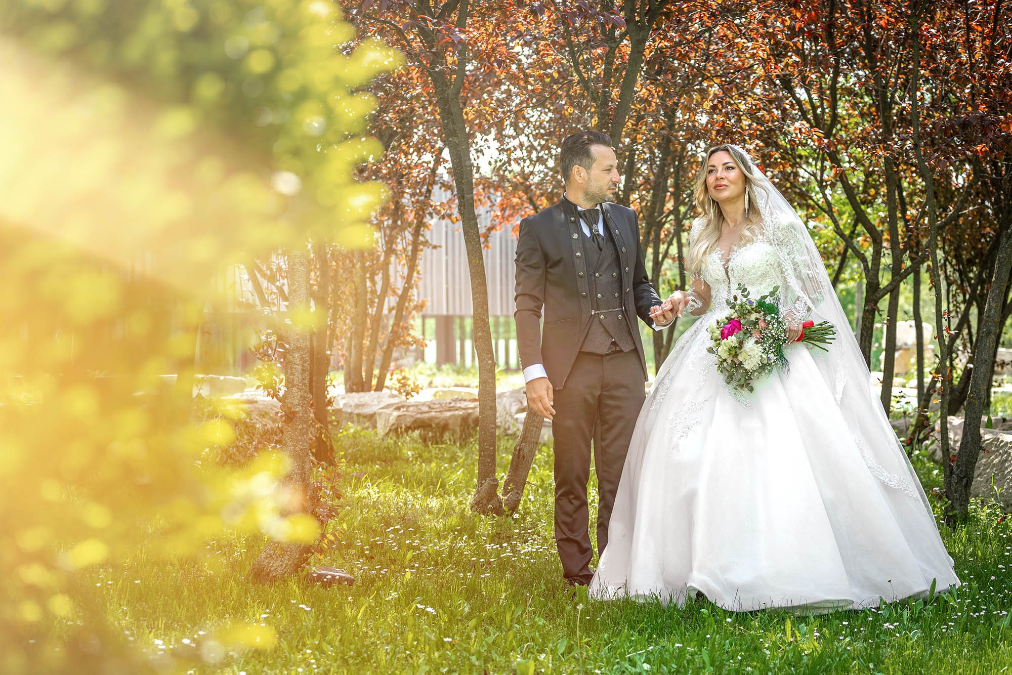ședință foto nuntă cu efect cinematic și raze de lumină, copaci in fundal
