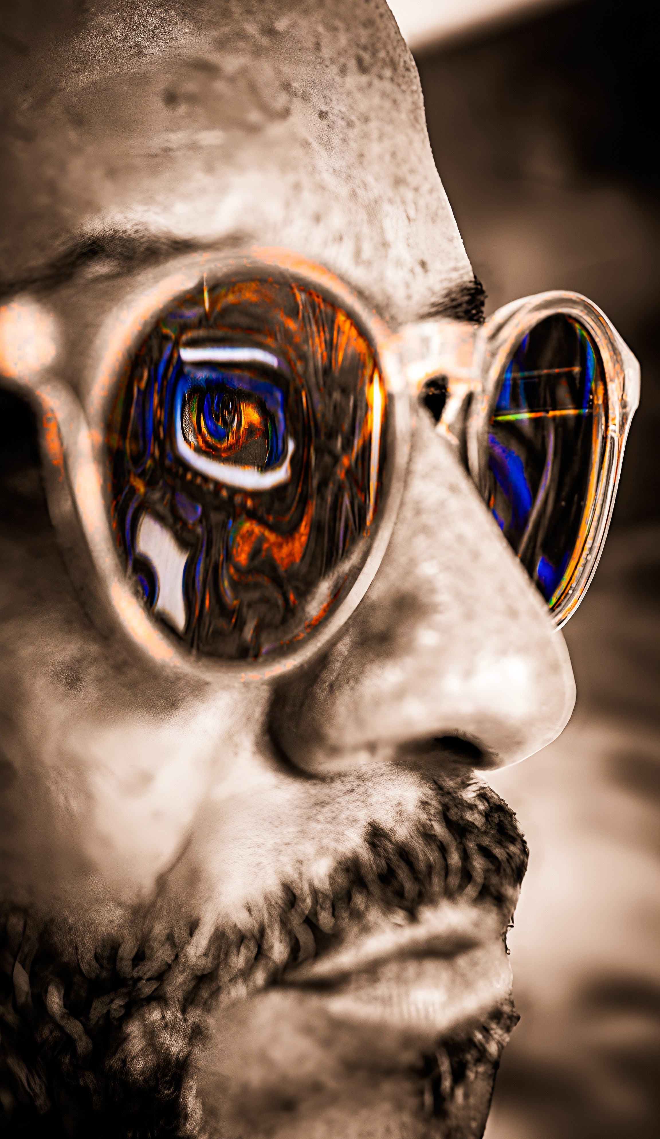 Marvin looks at one of his paintings and its eye meets his and is captured in the reflection