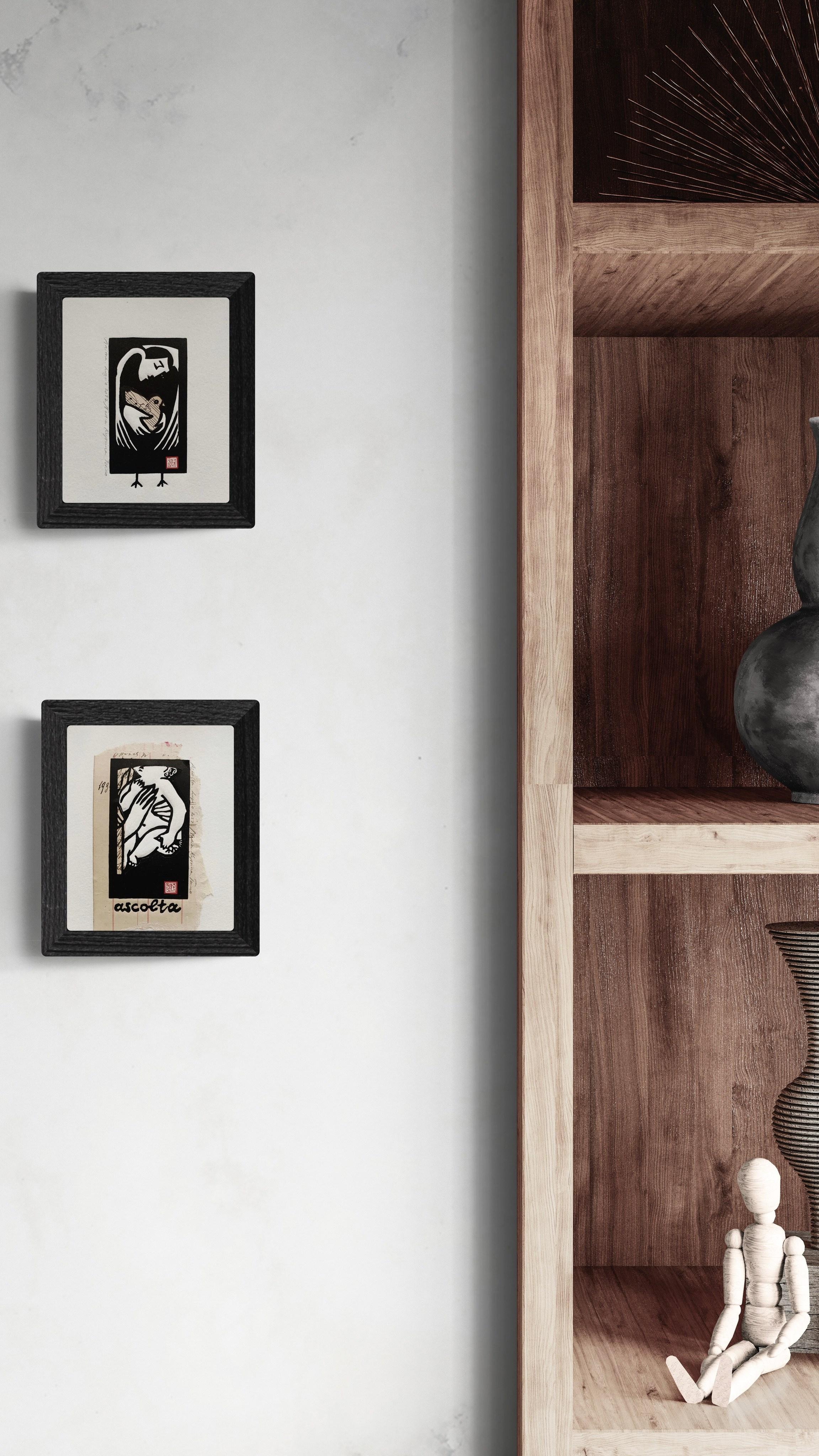 Small print, linocut, linogravure, linograbado, hand print, lovestory, family story, collage, collage art, collage print, angel, soul, care, child, embrace, protection, childhood, spiritual, blessing, birth