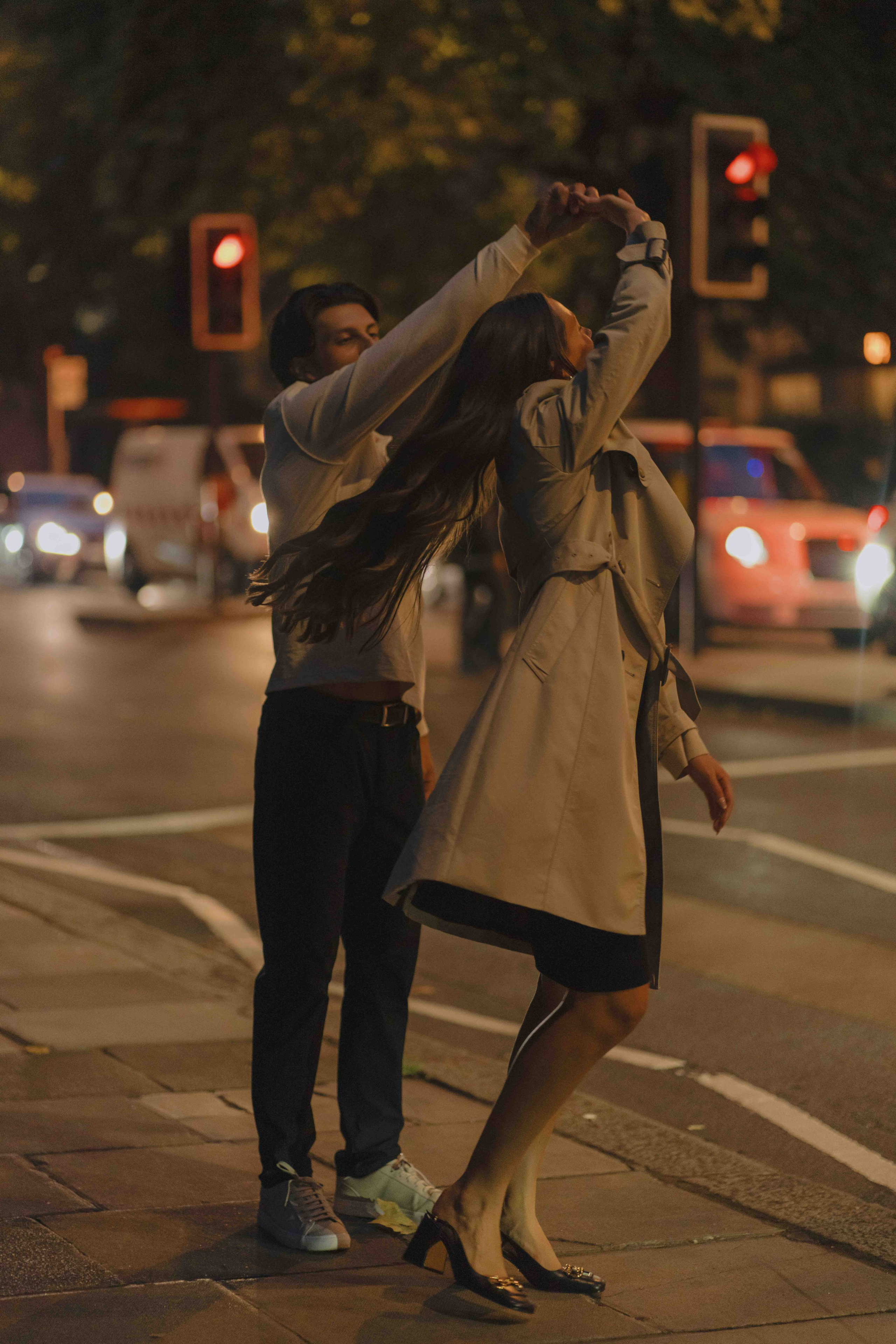 London street scene couple walking engagement session urban photography