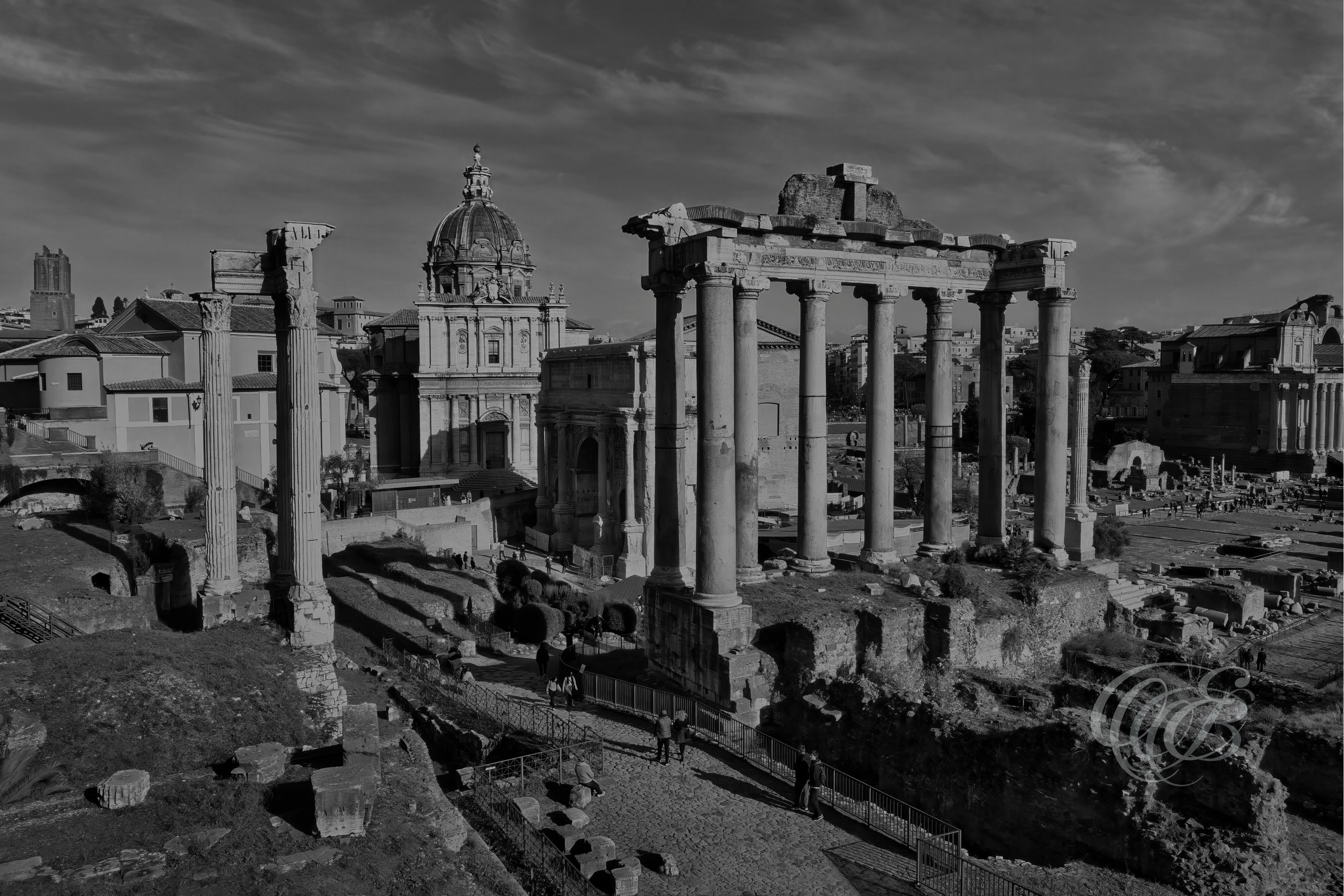 Rome, Italy – Roman Forum at sunset in black and white fine art photography, showing ancient Roman ruins, columns, and temples in evening light – Eduardo Bartoli Photography.