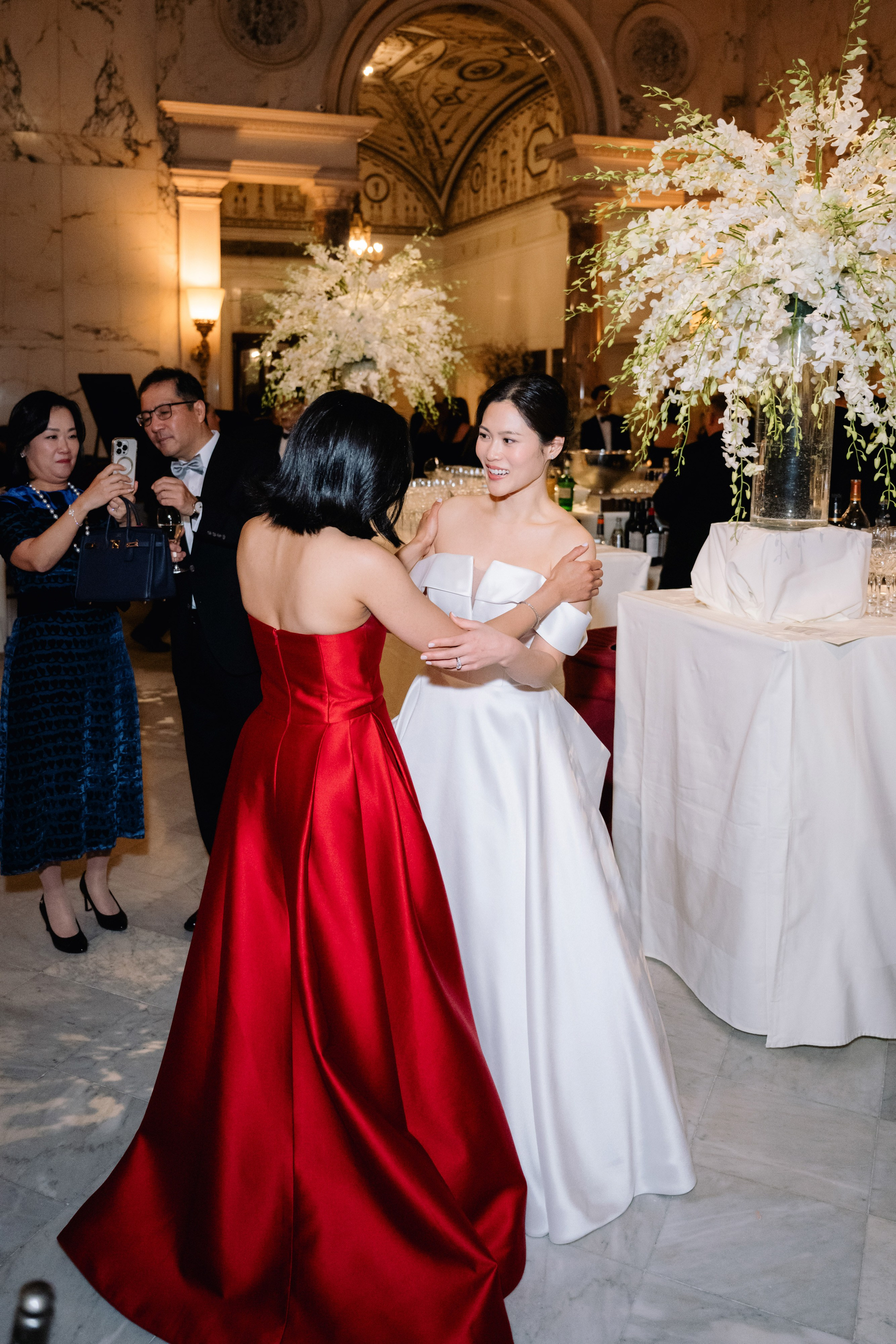 a woman in a red dress