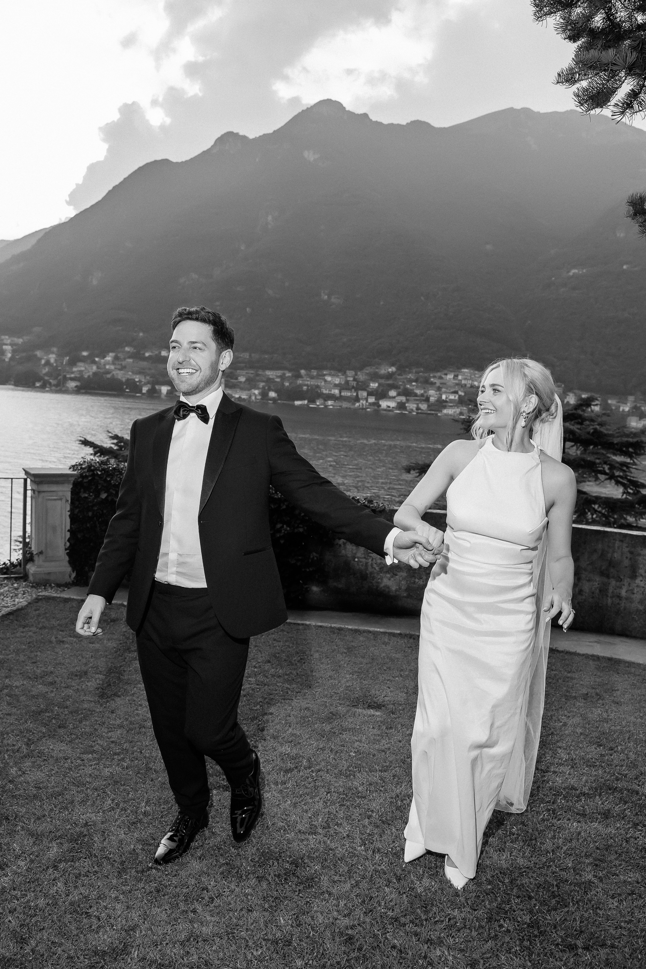Black and white photo of the bride and groom dancing at Villa Lario, Lake Como, Italy