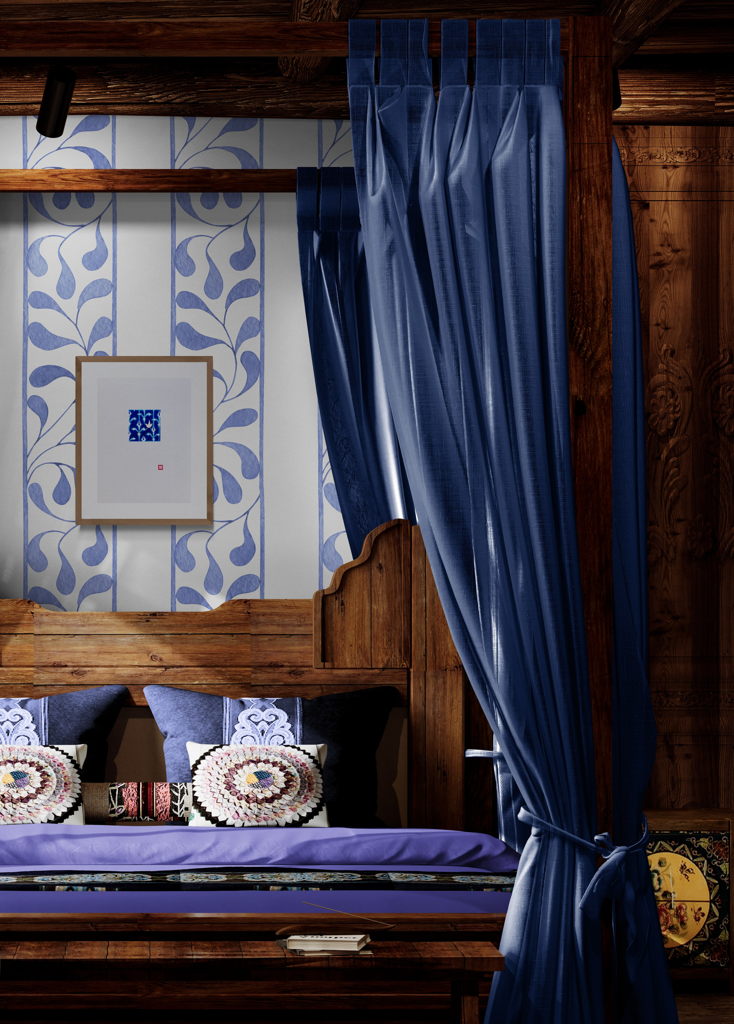 Decorative floral and bird pattern in blue and white, limited edition digital print inspired by hand-painted ceramic tiles and Nordic design. Example in bedroom.