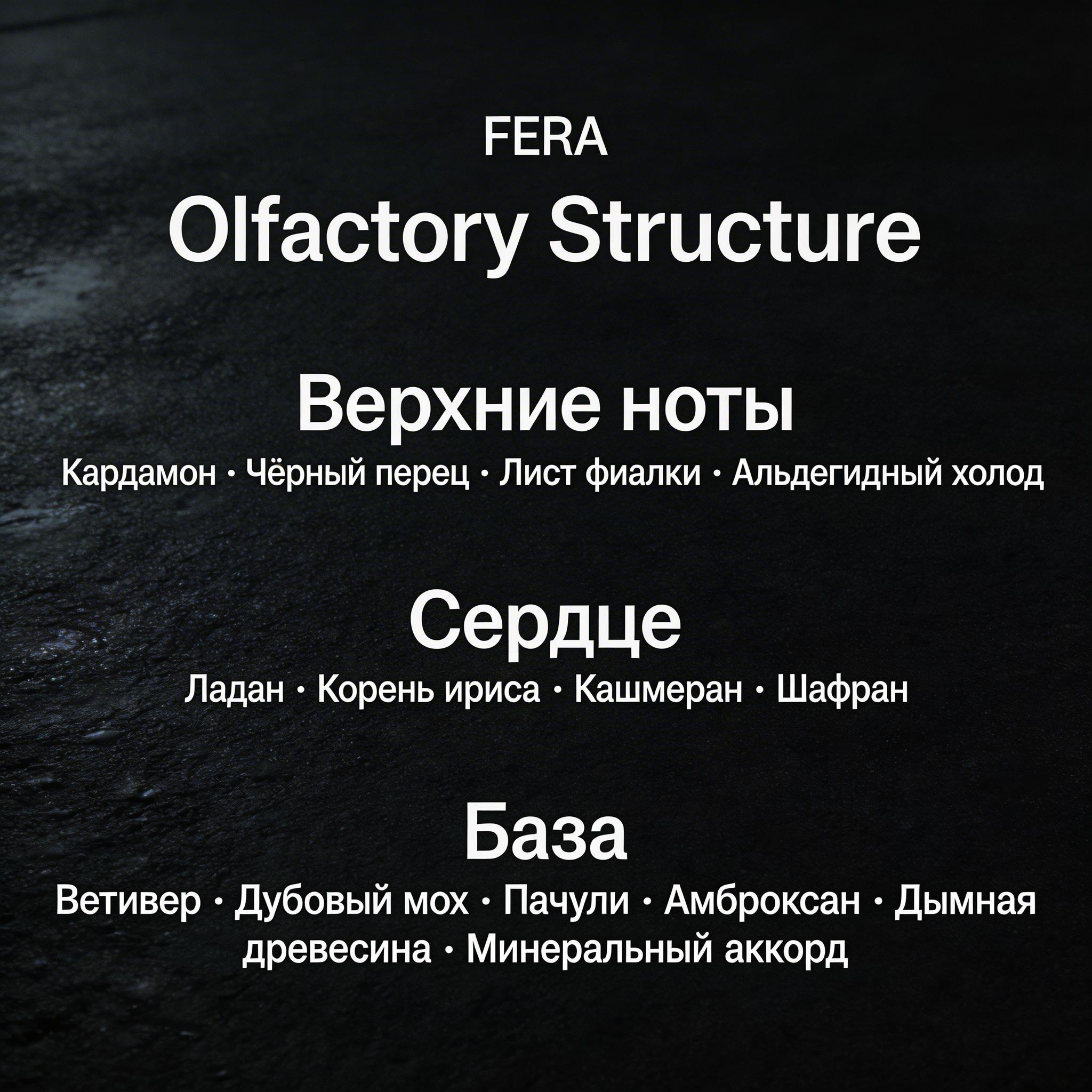Типографическая карточка аромата FERA с заголовком Olfactory Structure на темном текстурном фоне, перечислены верхние ноты, сердце и база парфюма.
