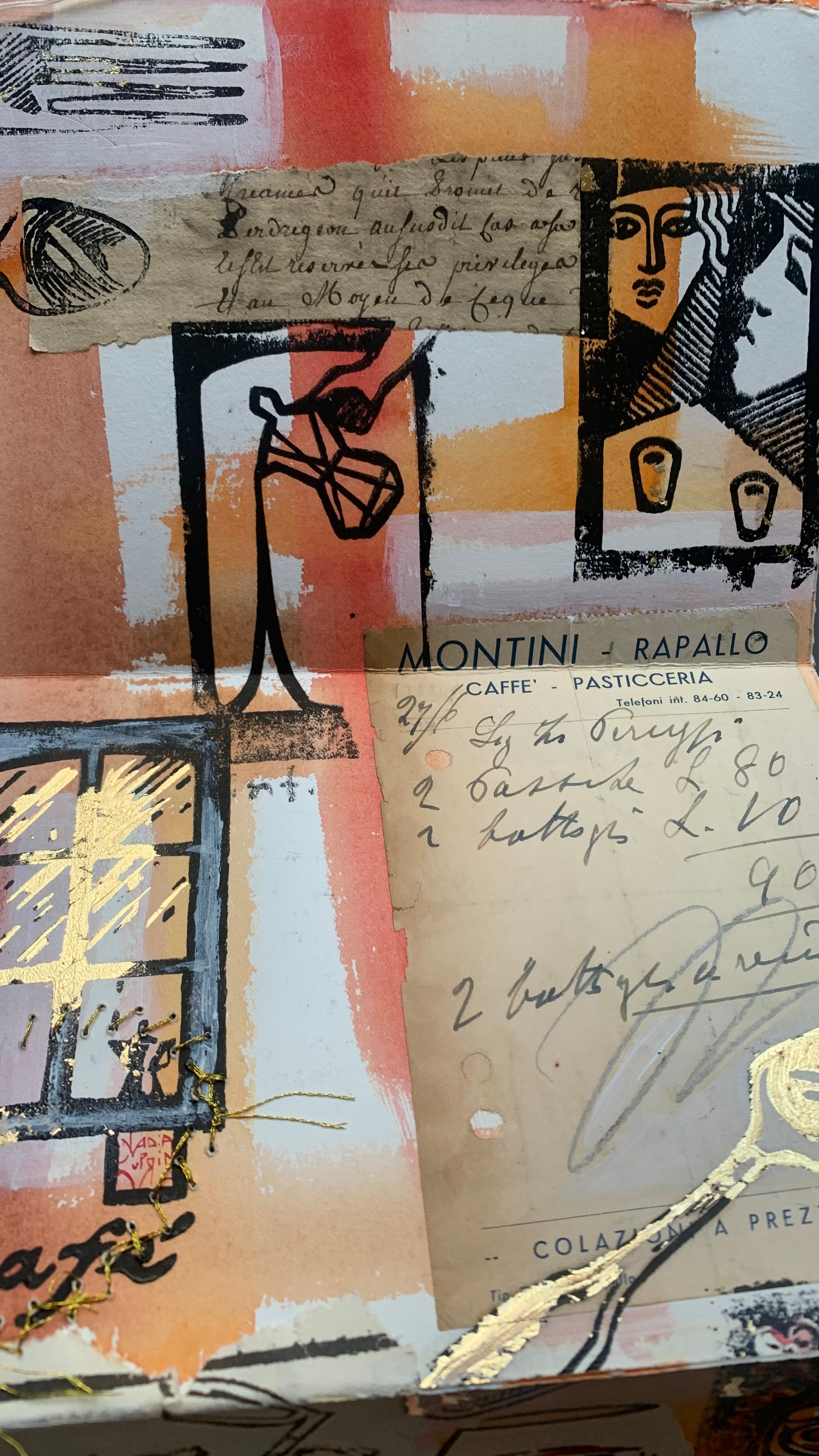 Dettaglio libro d’artista “Arte da Mangiare” di Nadia Kuprina, collage, oro, carta, lino