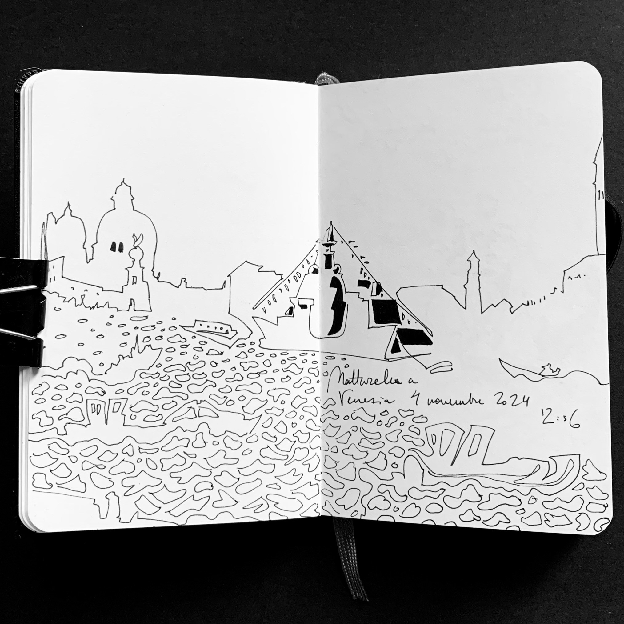 Moleskine notebook with original drawings made in Venice, works on paper by Nadia Kuprina, contemporary artist living and working in Venice. A military ship seen from a distance.