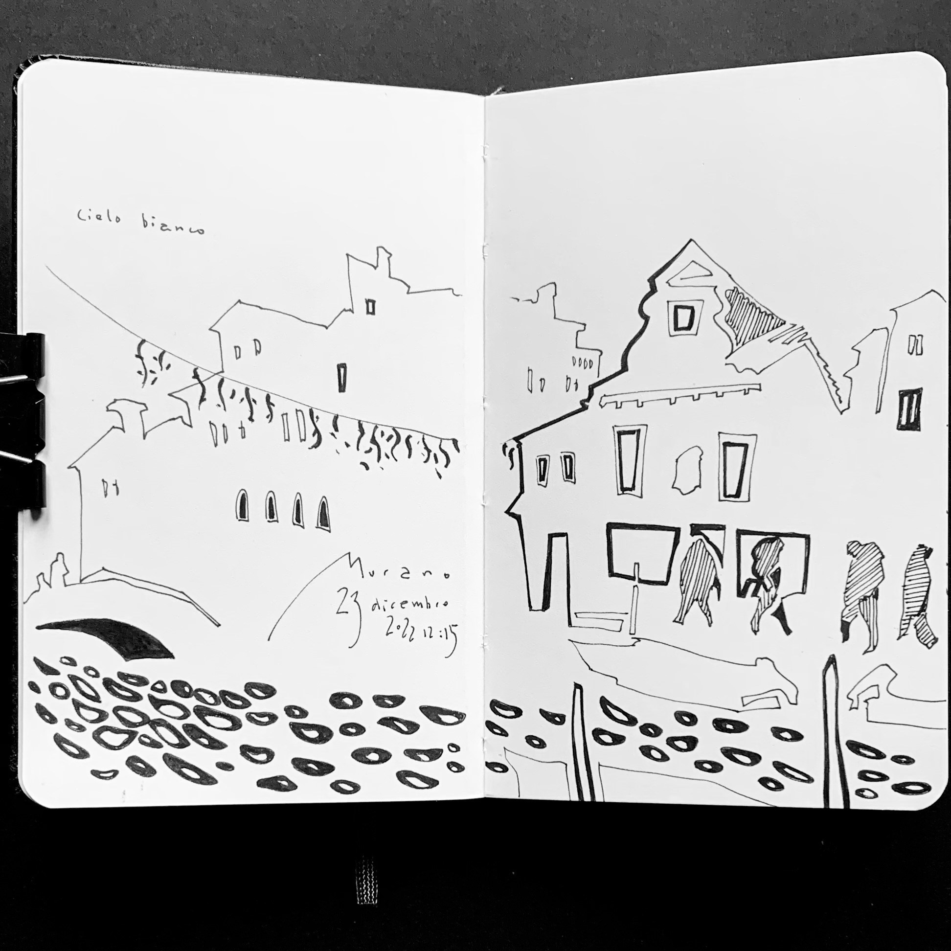 Moleskine notebook with hand-drawn sketches made in Venice, serving as an artist’s visual diary and personal testimony within a contemporary practice. Drawing of a Venetian canal.