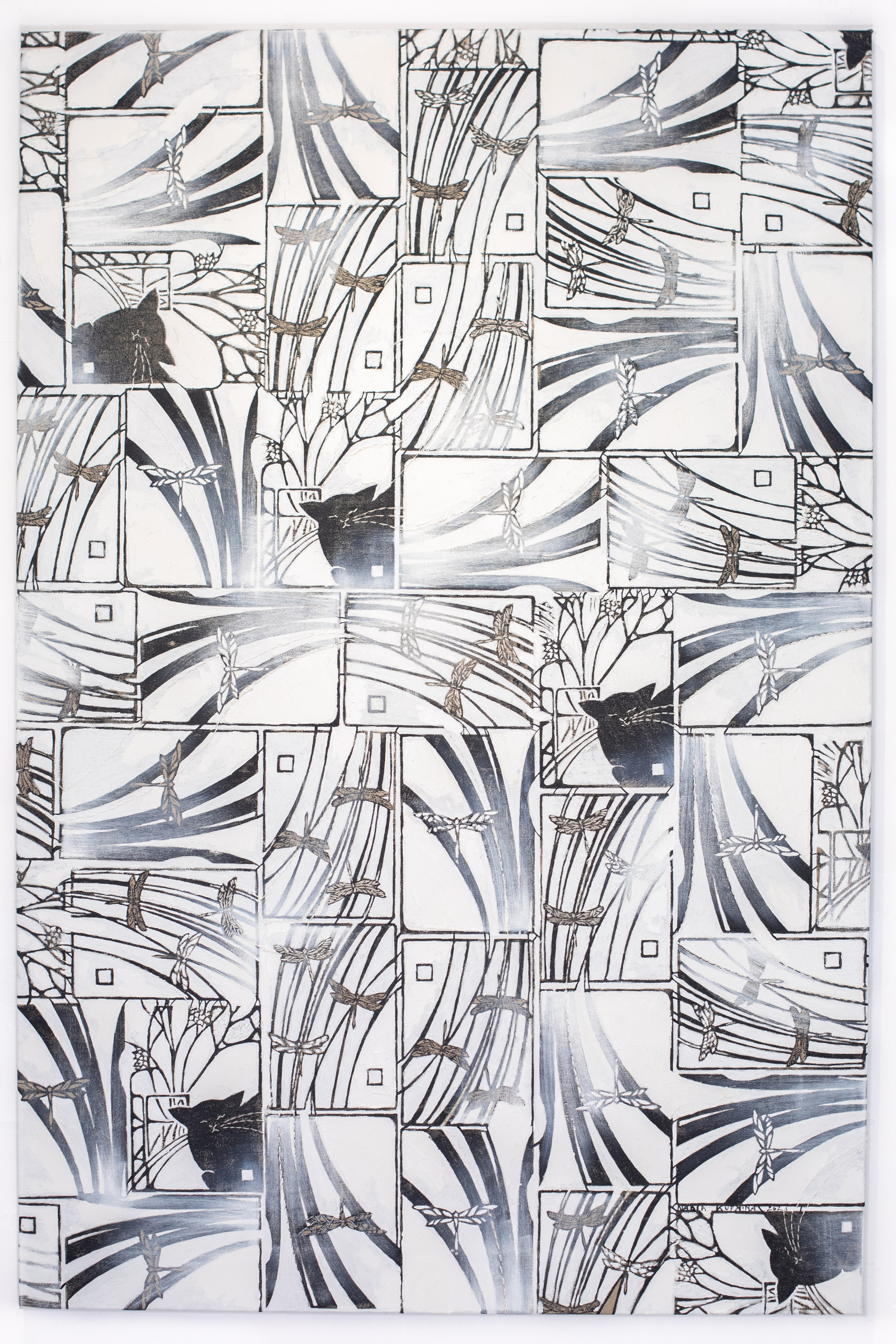 Tela decorativa contemporanea in bianco e nero, linoleografia e ricamo su tela, pattern ripetuti e ritmo visivo astratto, ideale per spazi eleganti e progetti di interior design. Di Nadia Kuprina.