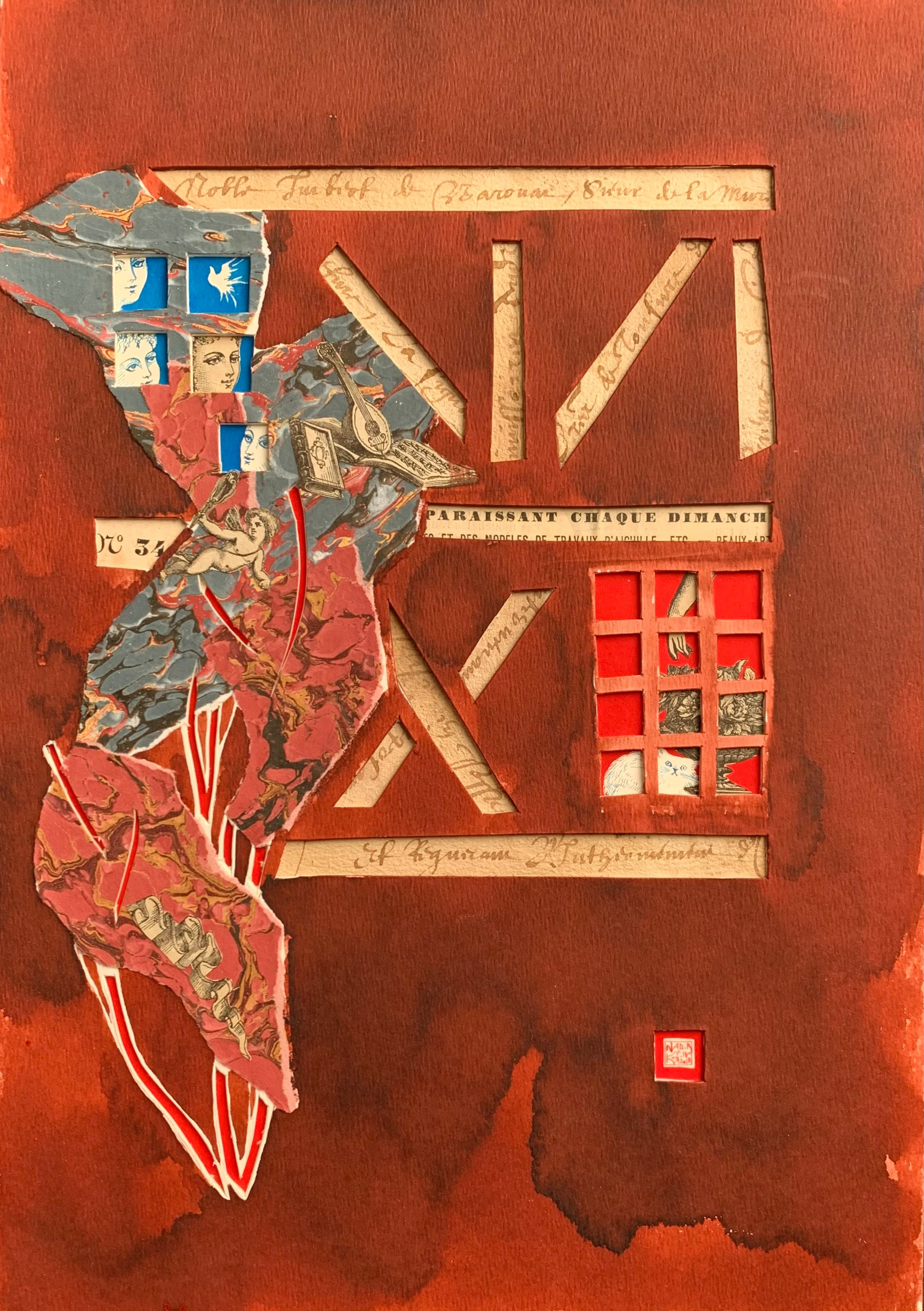 Opera d’arte collage carta cartoncino inchiostro casa città Francia Le Mans Vieux Mans case villaggio fiaba Fornasetti  case a graticcio traliccio carte antiche lettere carta antica inchiostro rosso terra marron seppia musica gatto bianco