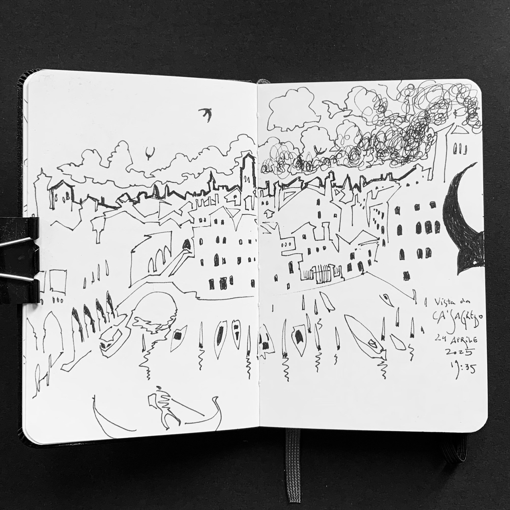 Moleskine notebook with original drawings made in Venice, works on paper by Nadia Kuprina, contemporary artist living and working in Venice. A black and white drawing with a view from the roof of Ca’ Sagredo.