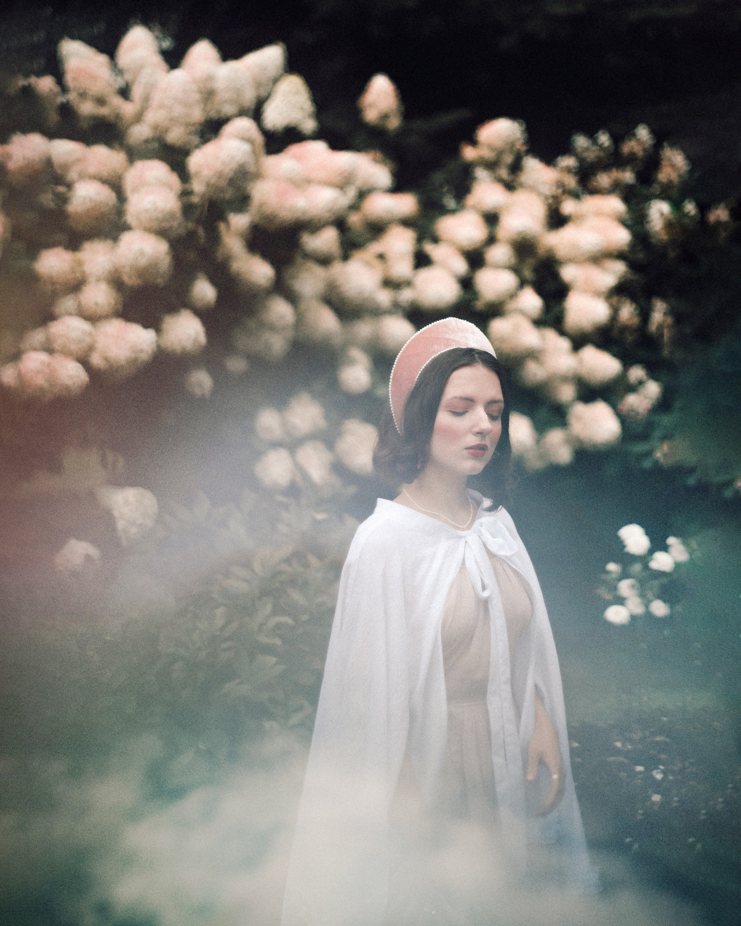 Slavic folklore shoot in traditional headwear and white dress. Moth & Moss Photography