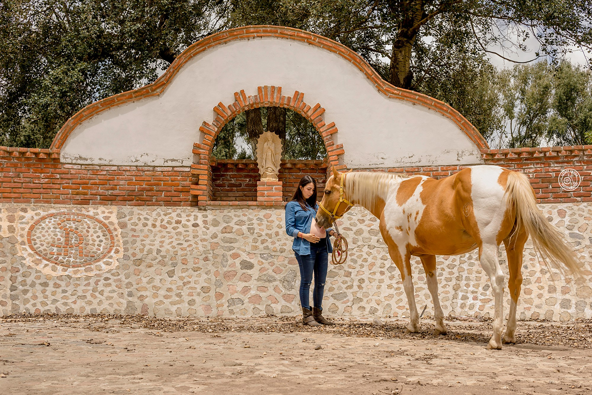 Rustic maternity photography – pregnant woman with her horse in a traditional stone arena, highlighting the beauty of motherhood and anticipation of a new chapter