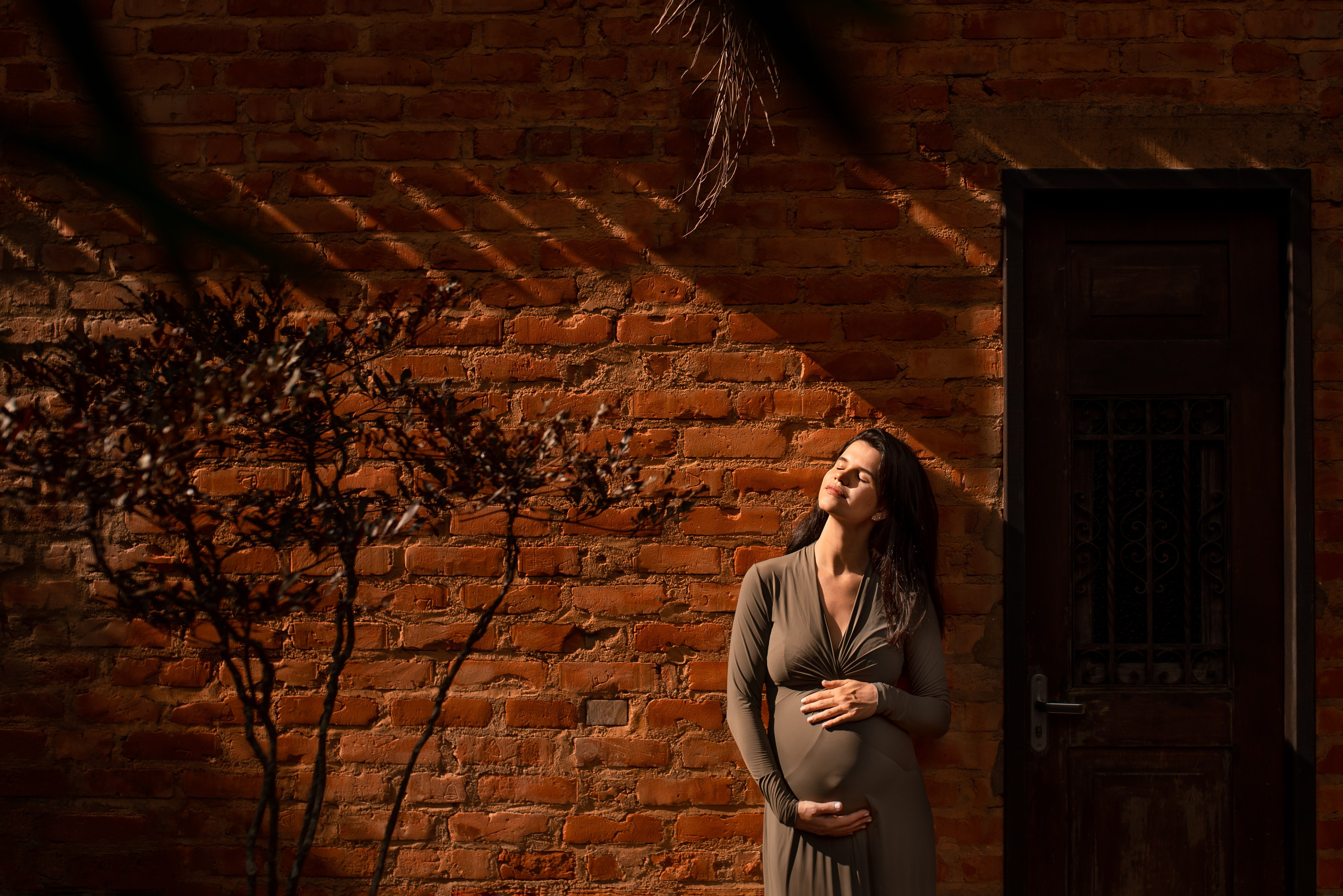 Fotografia gestante externa em Juiz de Fora, mãe grávida em cenário rústico com luz dourada