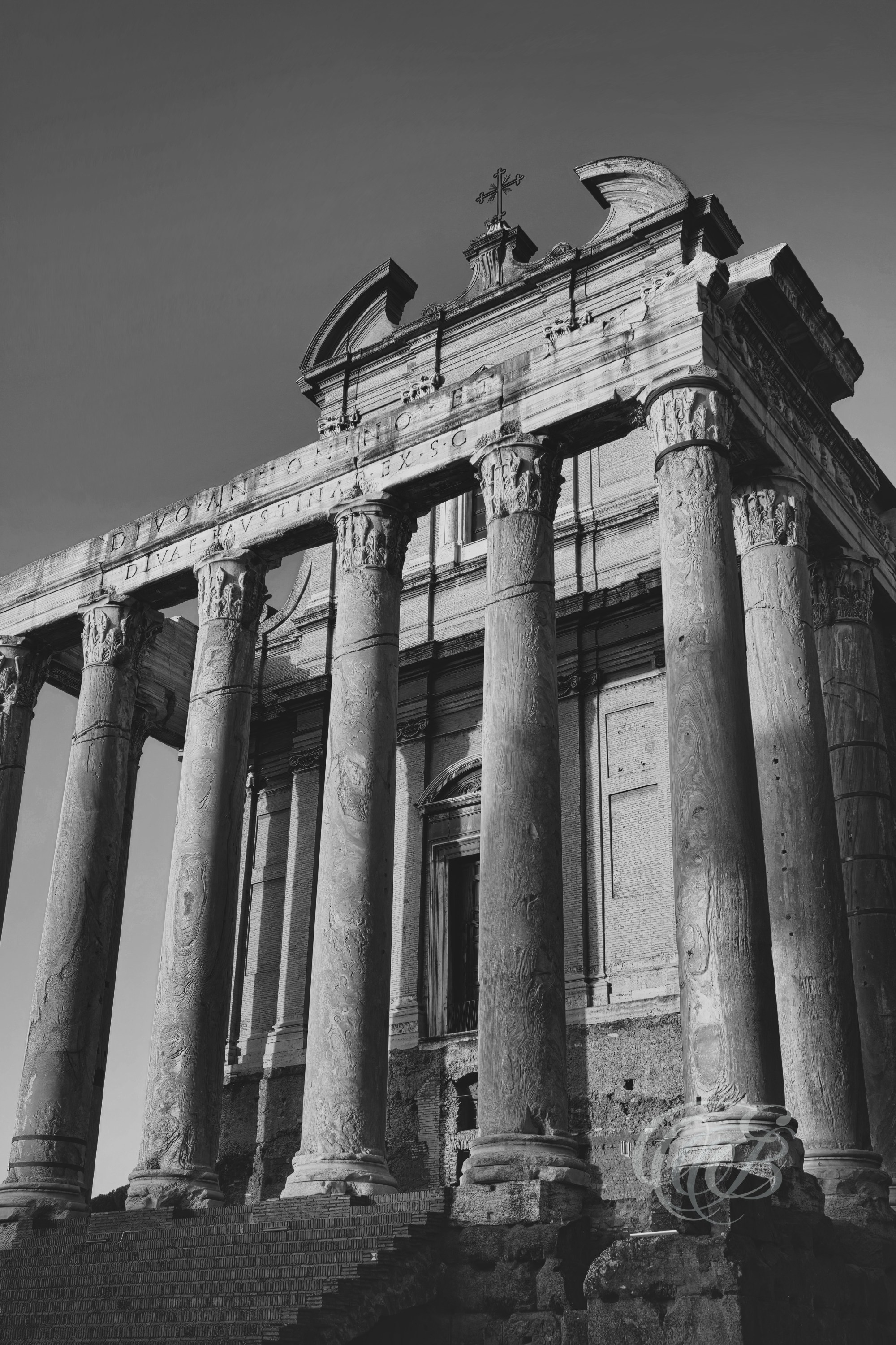 Rome Italy - The Temple of Antoninus and Faustina - Eduardo Bartoli Fine Art Photography - Black and white matte fine art photograph of the Temple of Antoninus and Faustina in Rome, Italy – photography by Eduardo Bartoli.