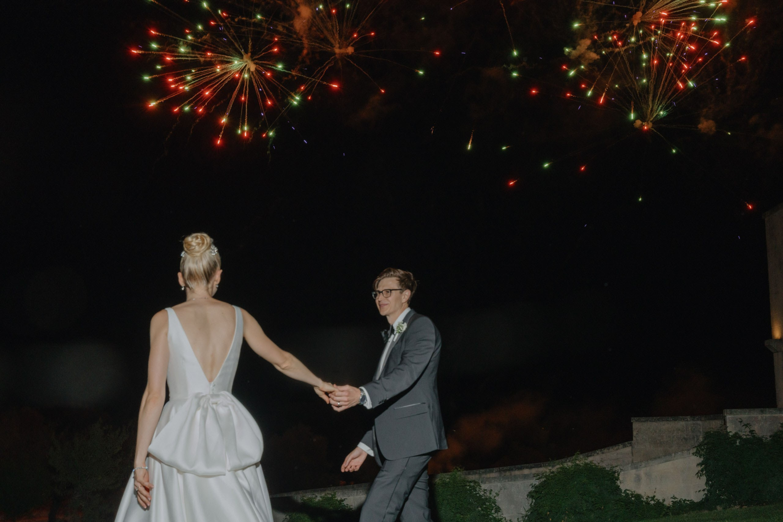 Fireworks during wedding celebration, cinematic destination wedding in Ostuni Italy