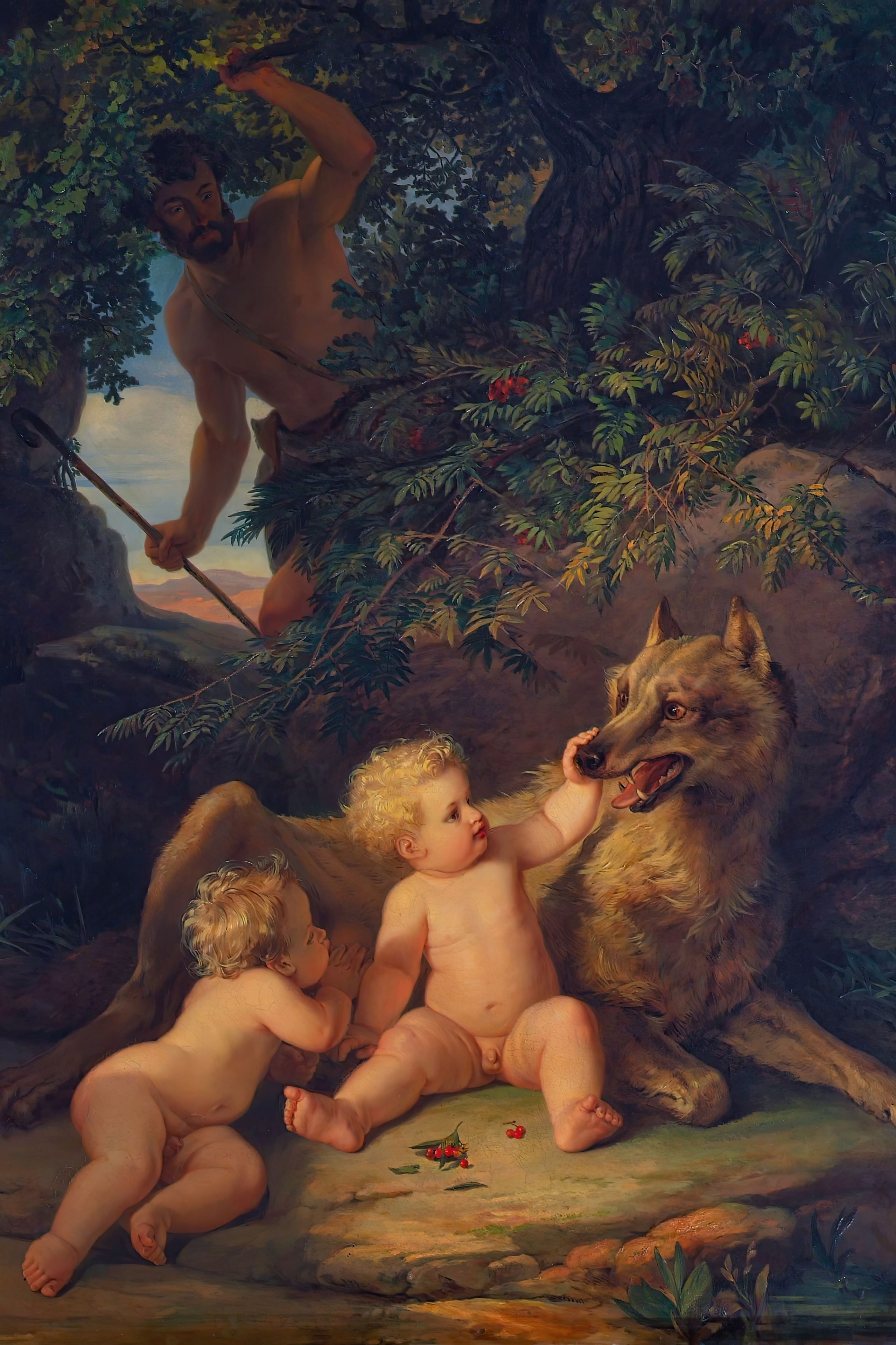 Photography of Italy – Lupercal scene with Romulus and Remus and the she-wolf in Rome, 19th-century representation included in a photography book about Rome.