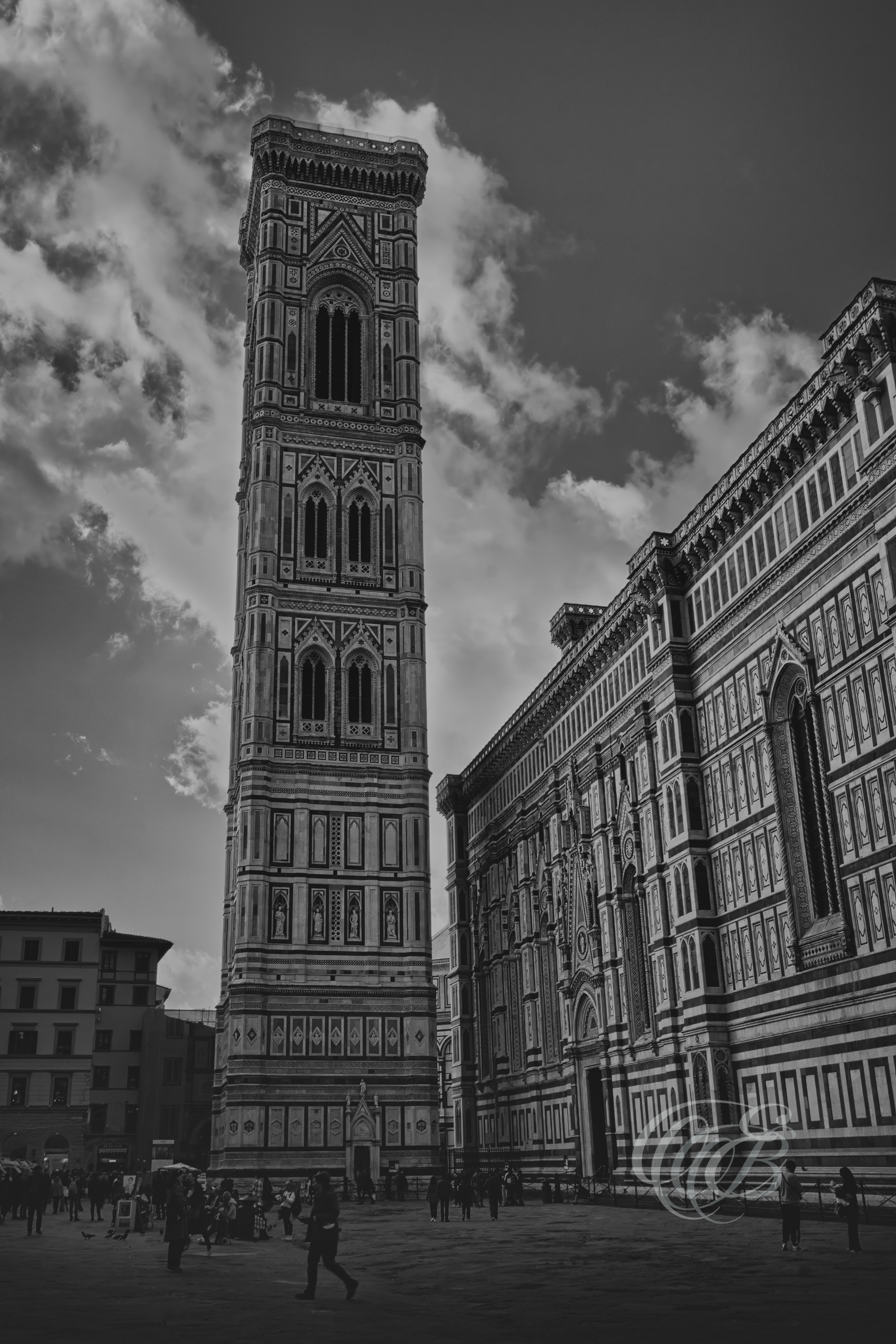 Italy — Florence — Giotto's Bell Tower at Sunset — B&W Matte — Eduardo Bartoli Photography — Black and white matte photograph of Giotto’s Bell Tower, part of the Florence Cathedral complex in Florence, Italy — photography by Eduardo Bartoli.