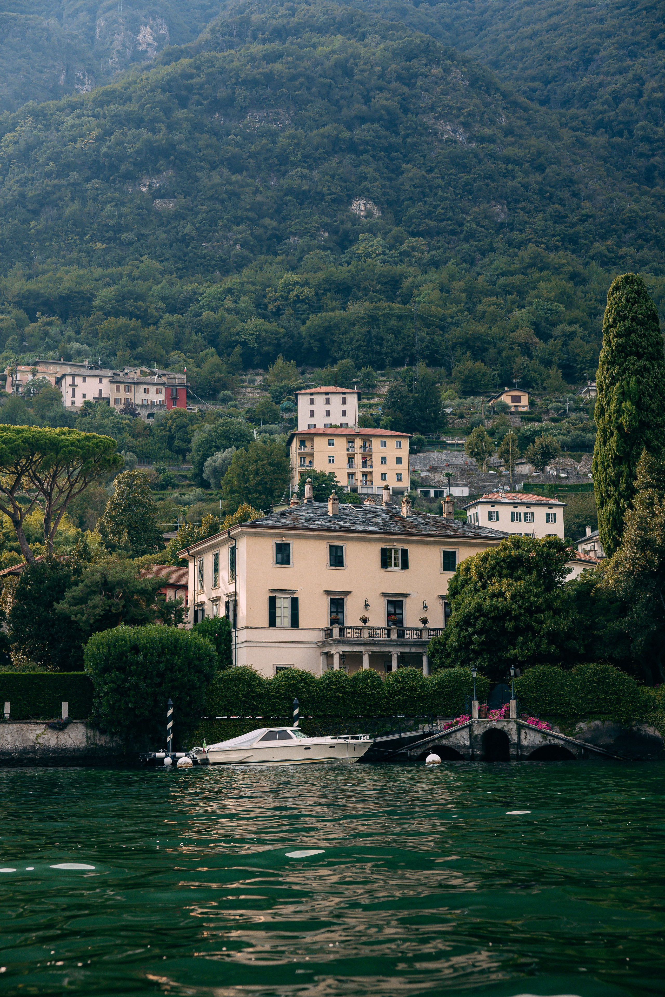 Lake Como view with lakeside villas near Villa Lario, Italy