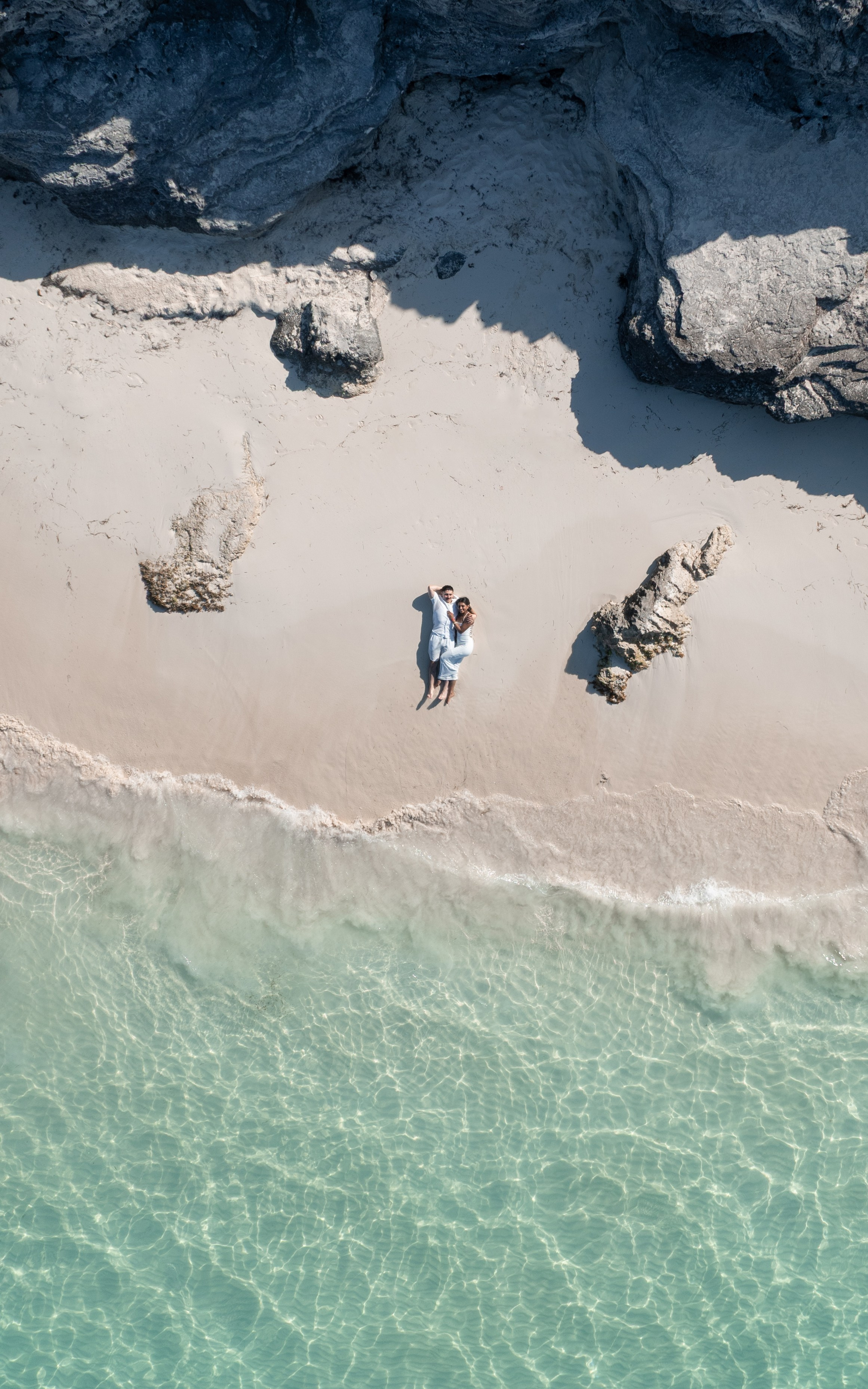 Drone photo of Pre-wedding couple shoot by the sea in Cancun