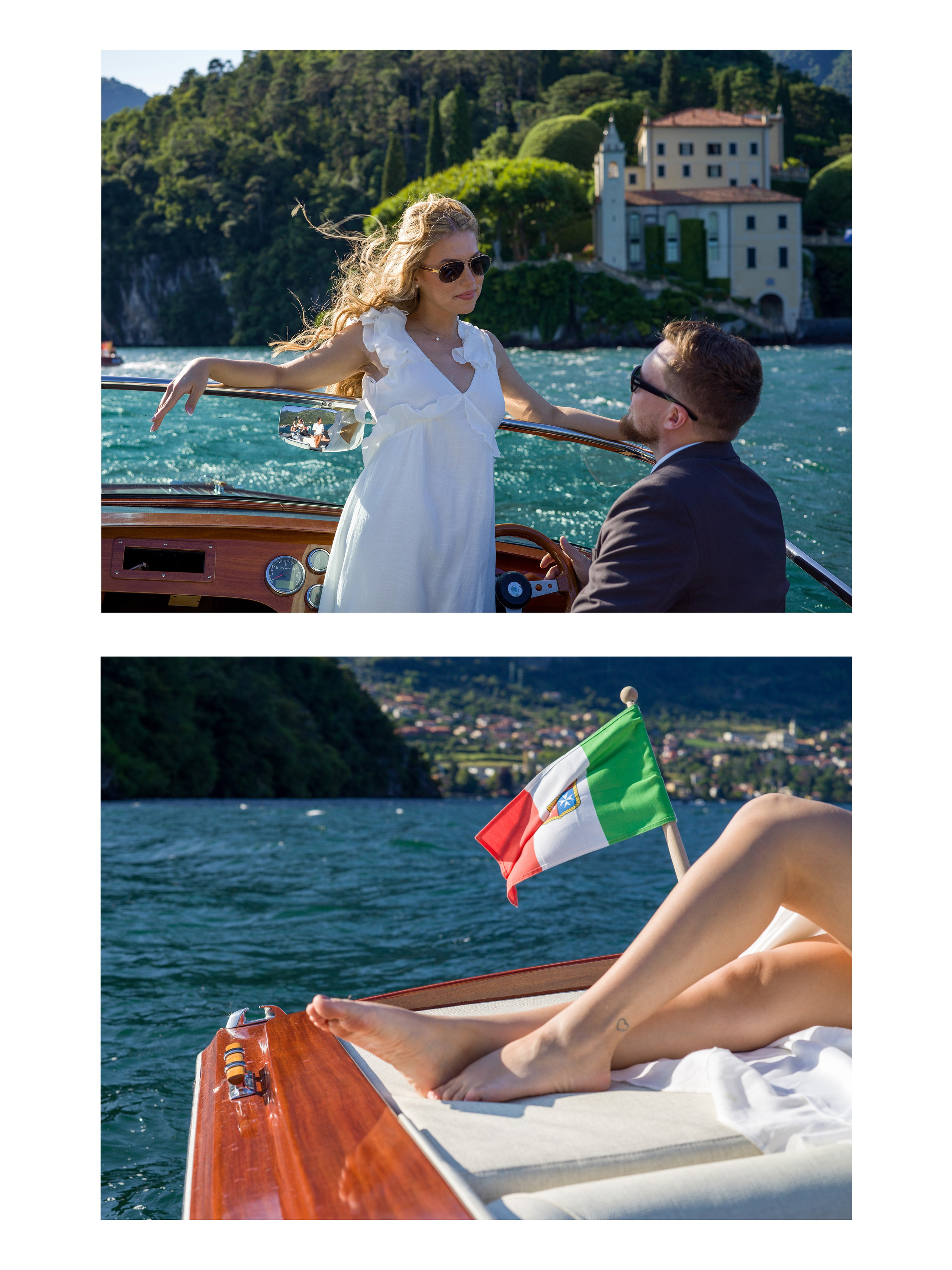Bride and groom on yacht with Villa Balbiano
