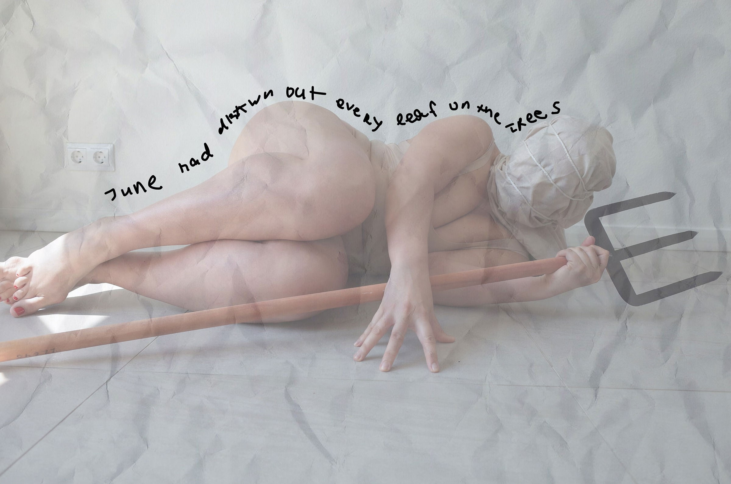 Conceptual image depicting a solitary woman in a domestic setting, surrounded by white chairs and reflective surfaces, from Leni Smoragdova's 'Figures Collection: She Would Buy the Flowers Herself' (2023).