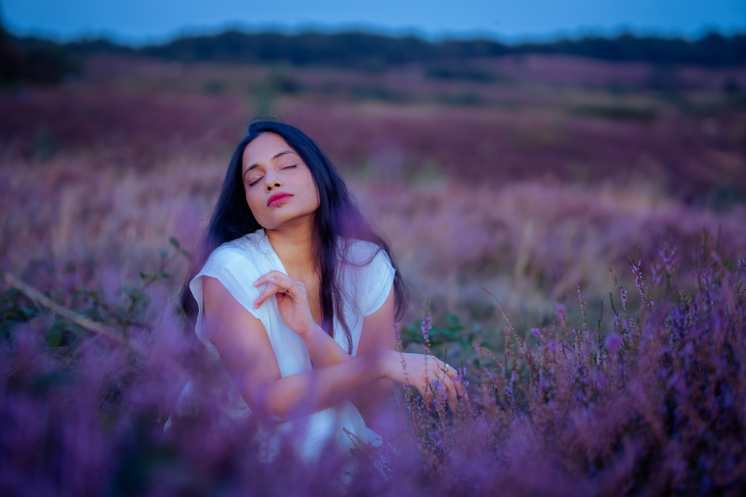 woman sitting in veluwe heather fields netherlands
