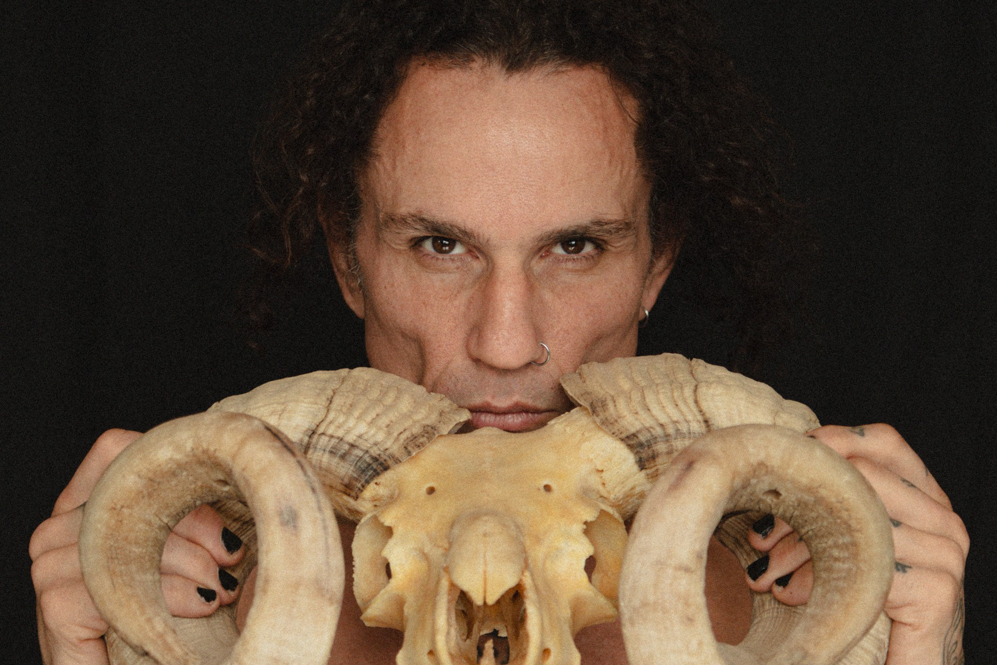 Creative male portrait with a ram skull, Derby portrait photography