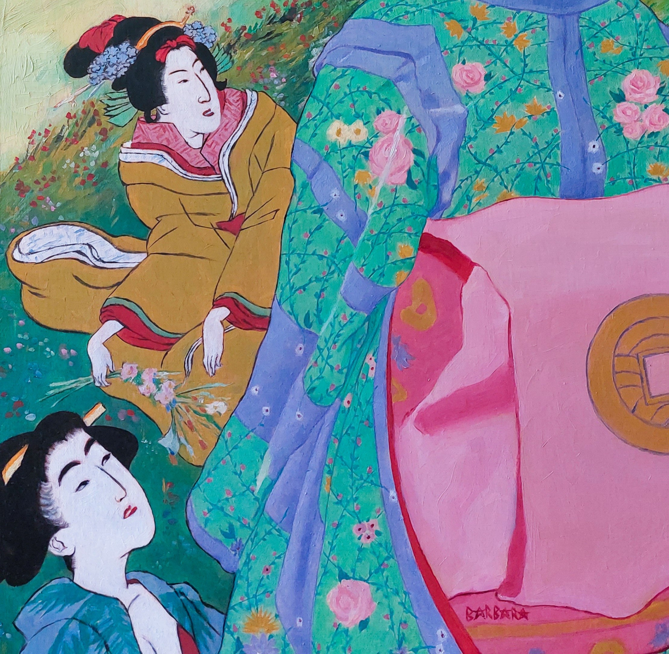 Japanese Women Picking Flowers, oil painting, Barbara Cabral. Barbara Cabral